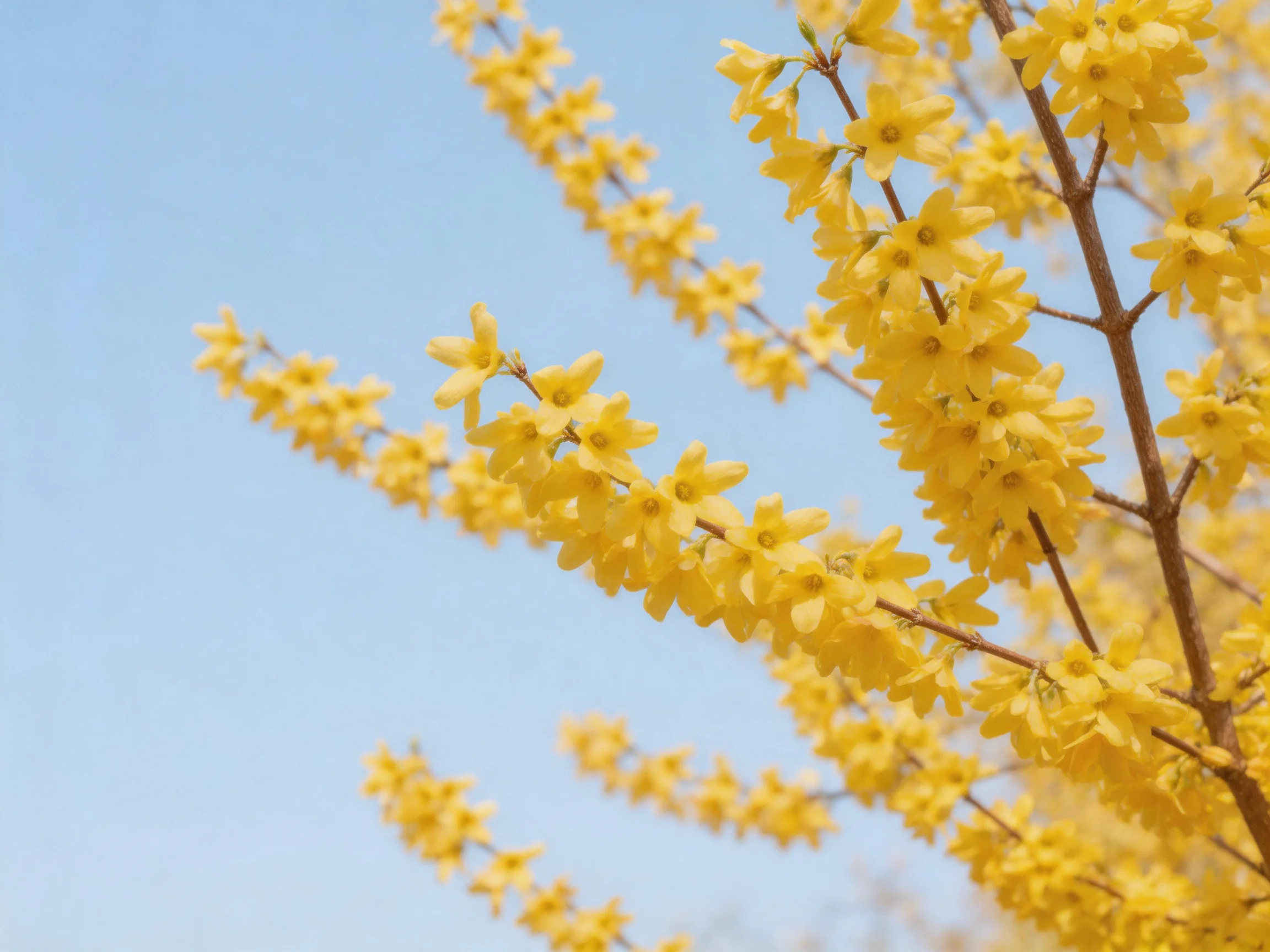 Vibrant yellow forsythia blooms stretch toward clear blue sky