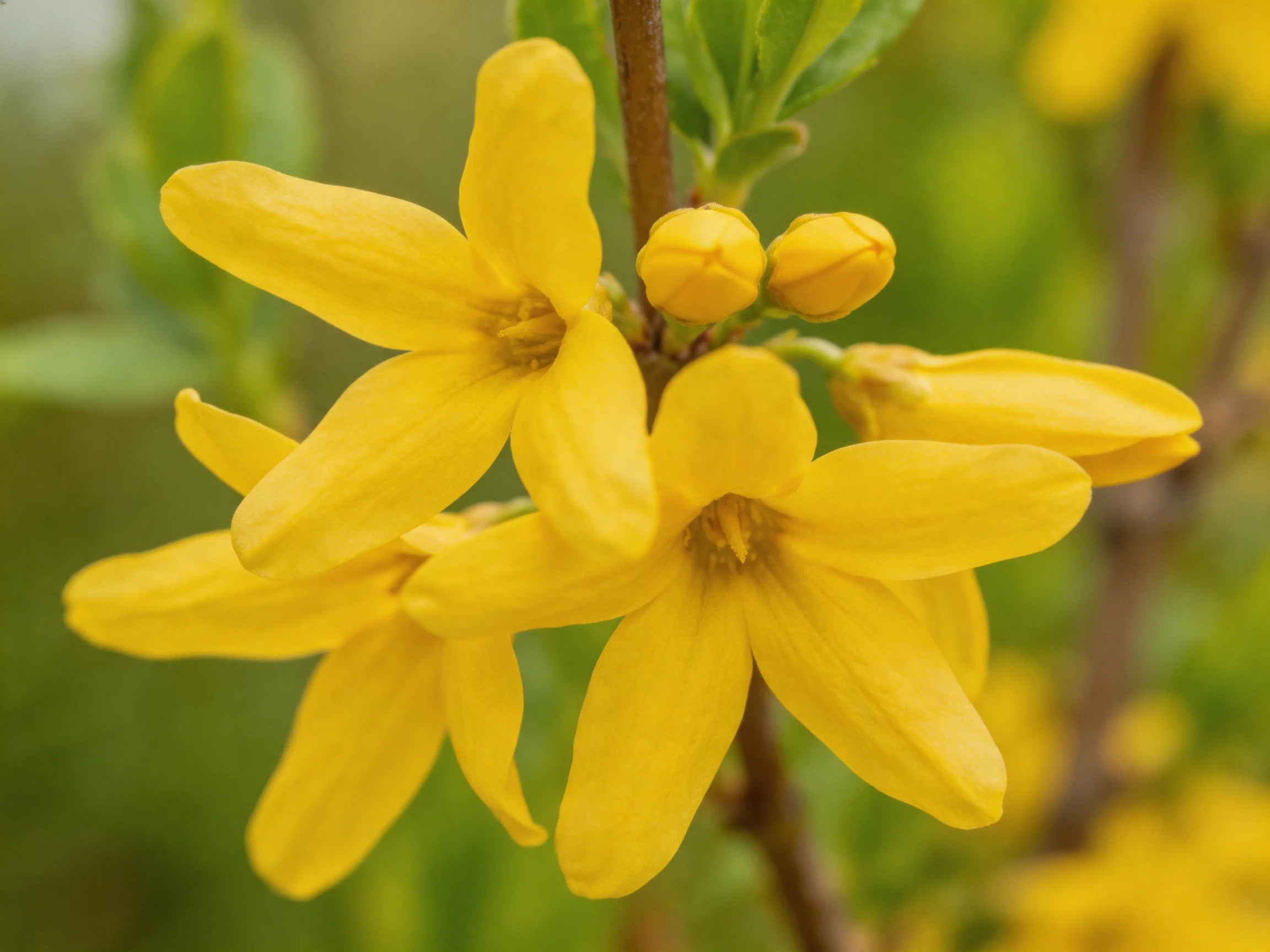 Vibrant yellow forsythia blooms with buds and green foliage