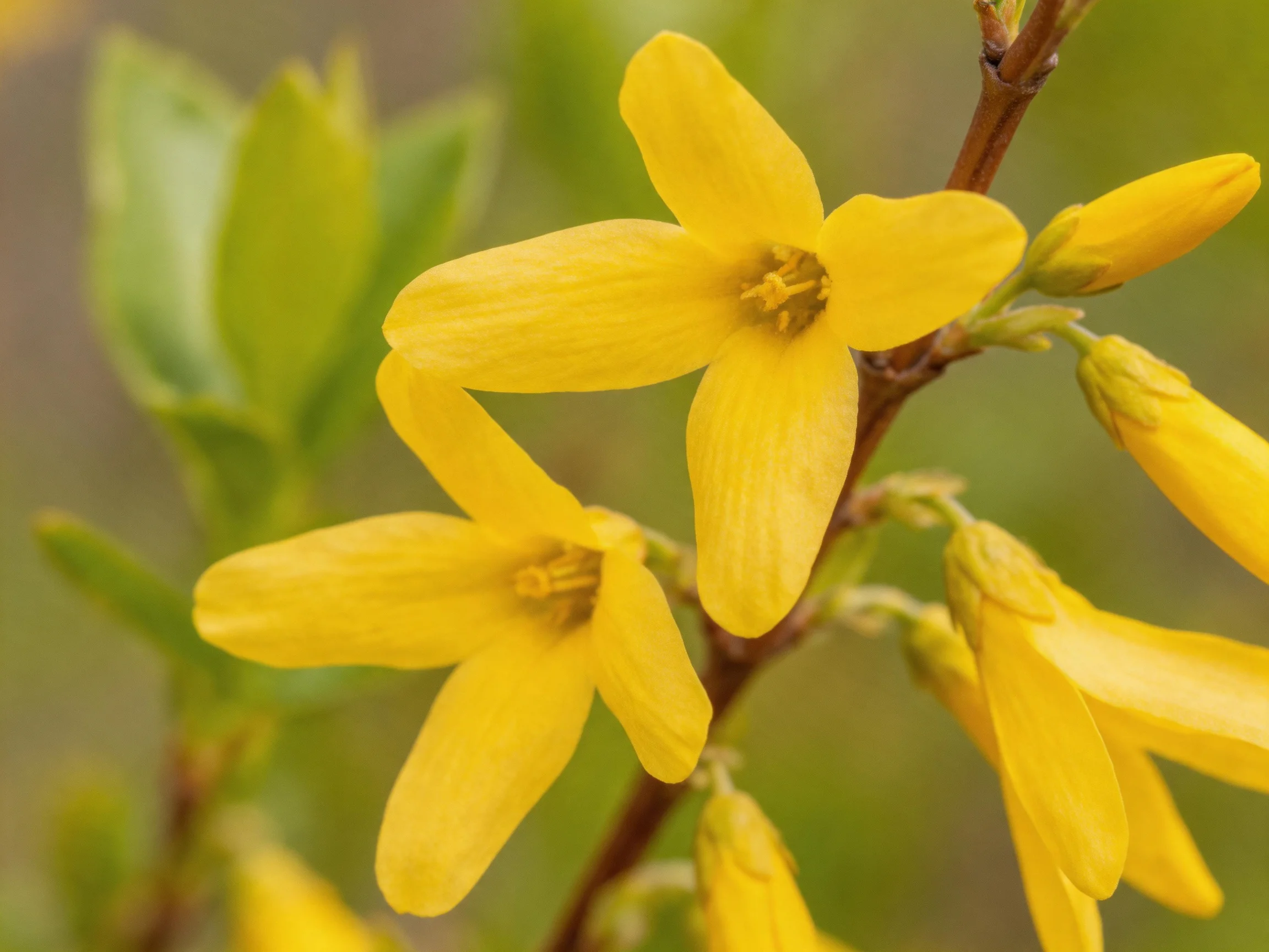 Vibrant yellow forsythia blooms with open petals near closed buds