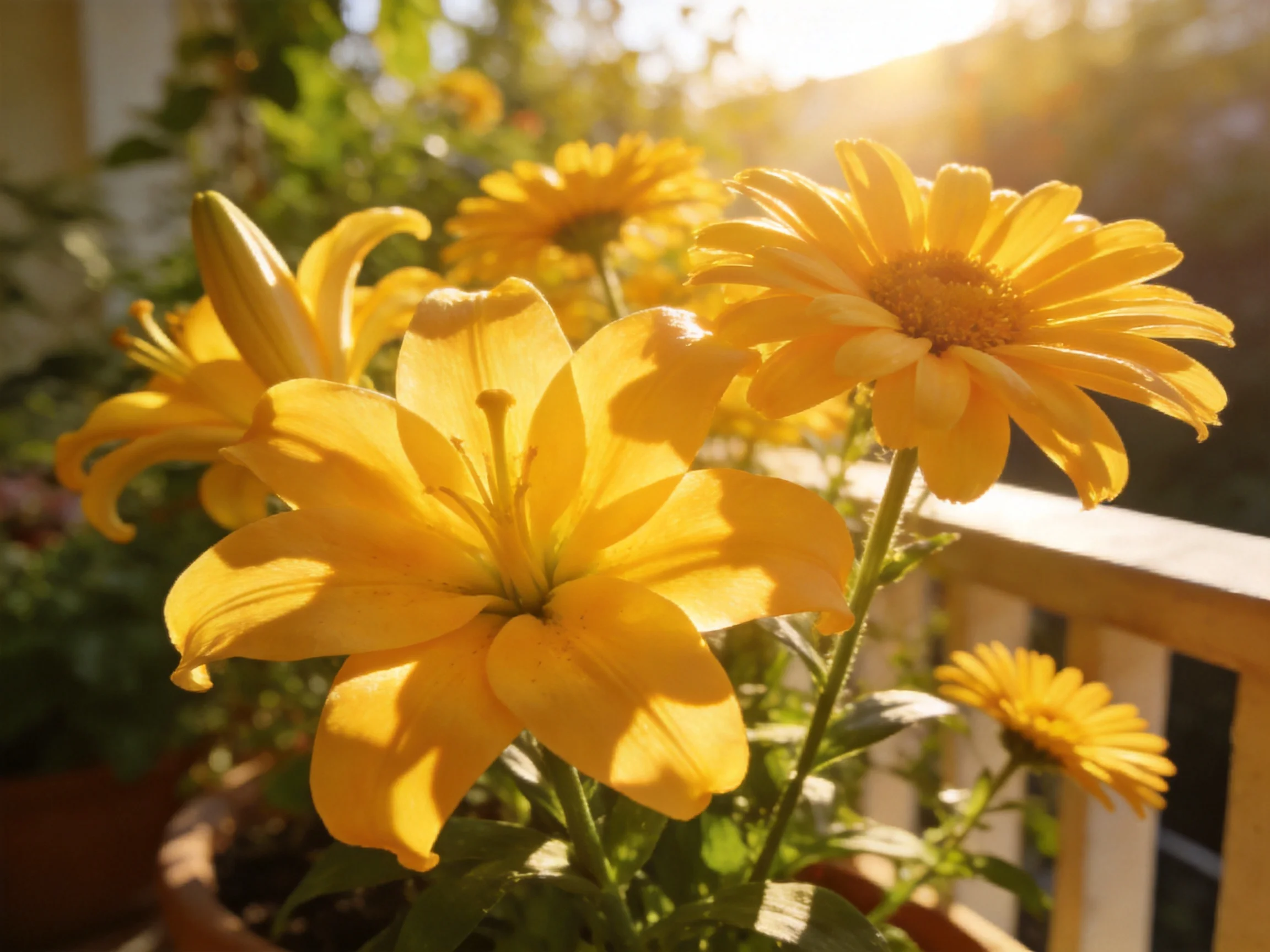 Vibrant yellow lilies and daisies bloom in sunlit pots near a wooden railing
