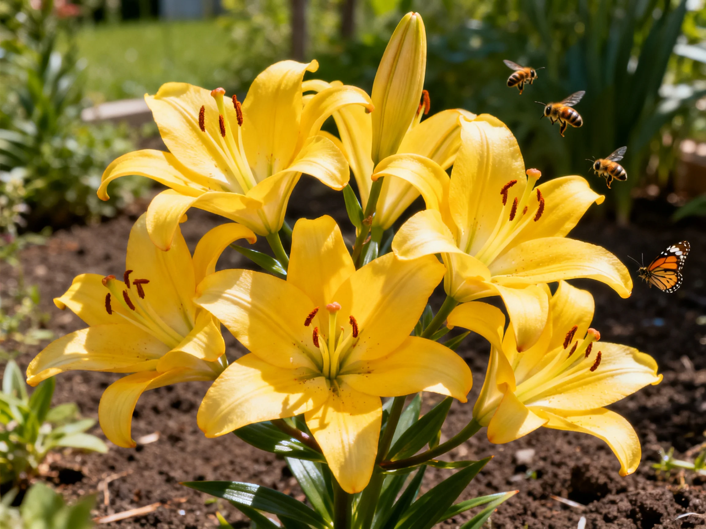 Vibrant yellow lilies bloom among bees and a butterfly