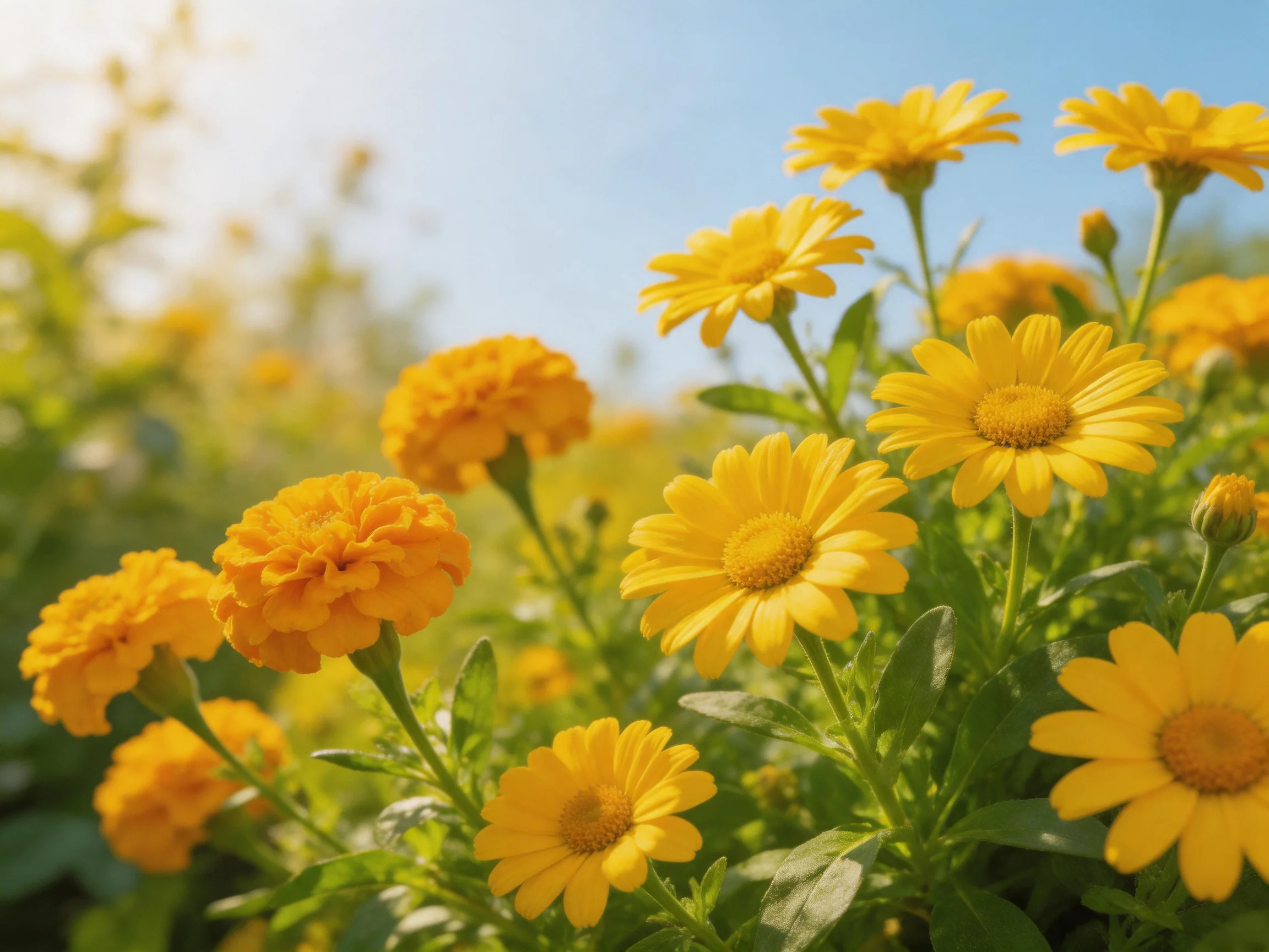 Vibrant yellow marigold and daisy flowers in sunny garden