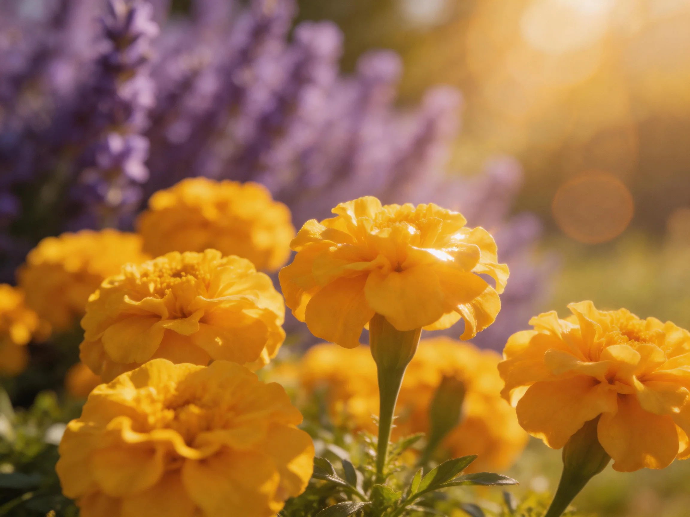 Vibrant yellow marigolds bloom beside soft purple lavender under warm sunlight