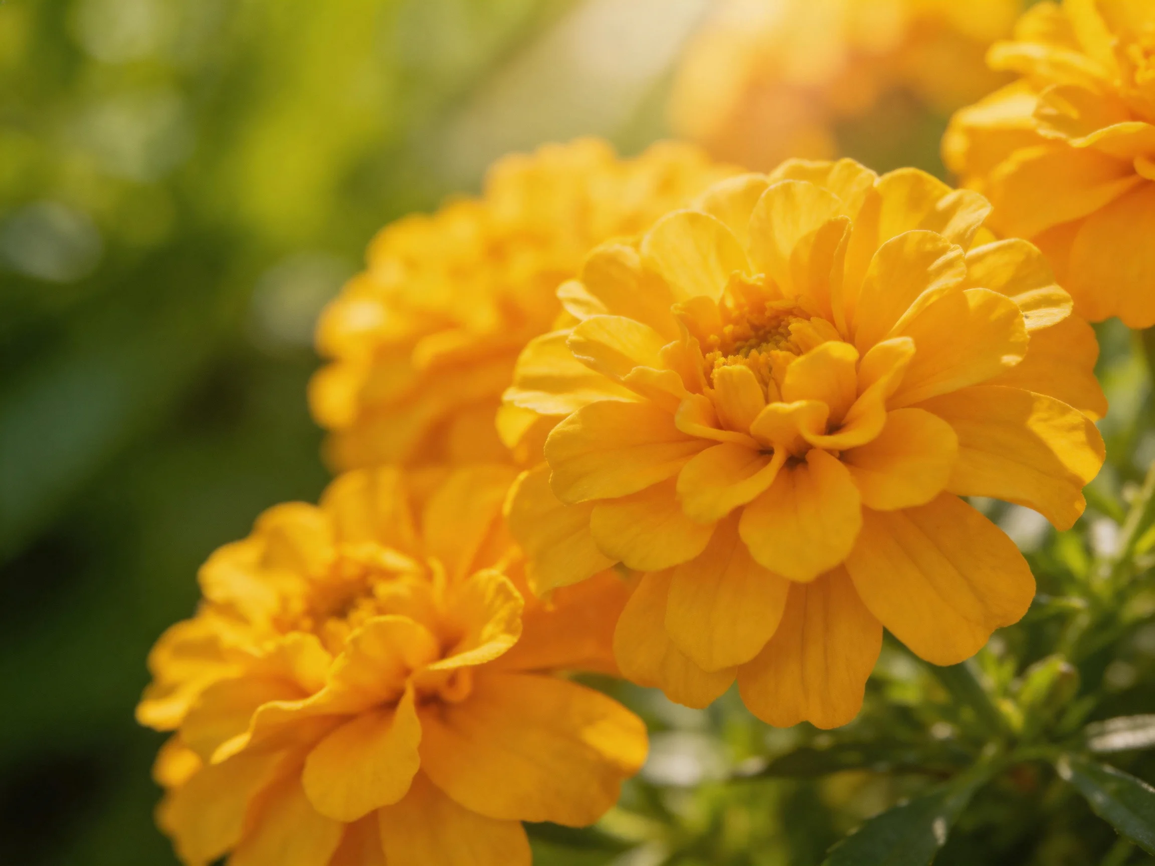 Vibrant yellow marigolds bloom in a sunlit garden