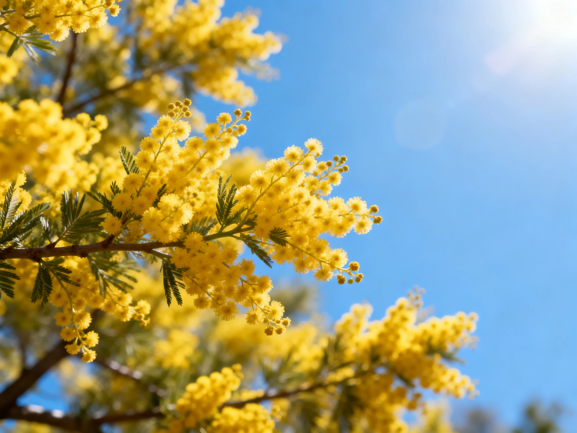Vibrant yellow mimosa flowers bloom beneath a clear blue sky