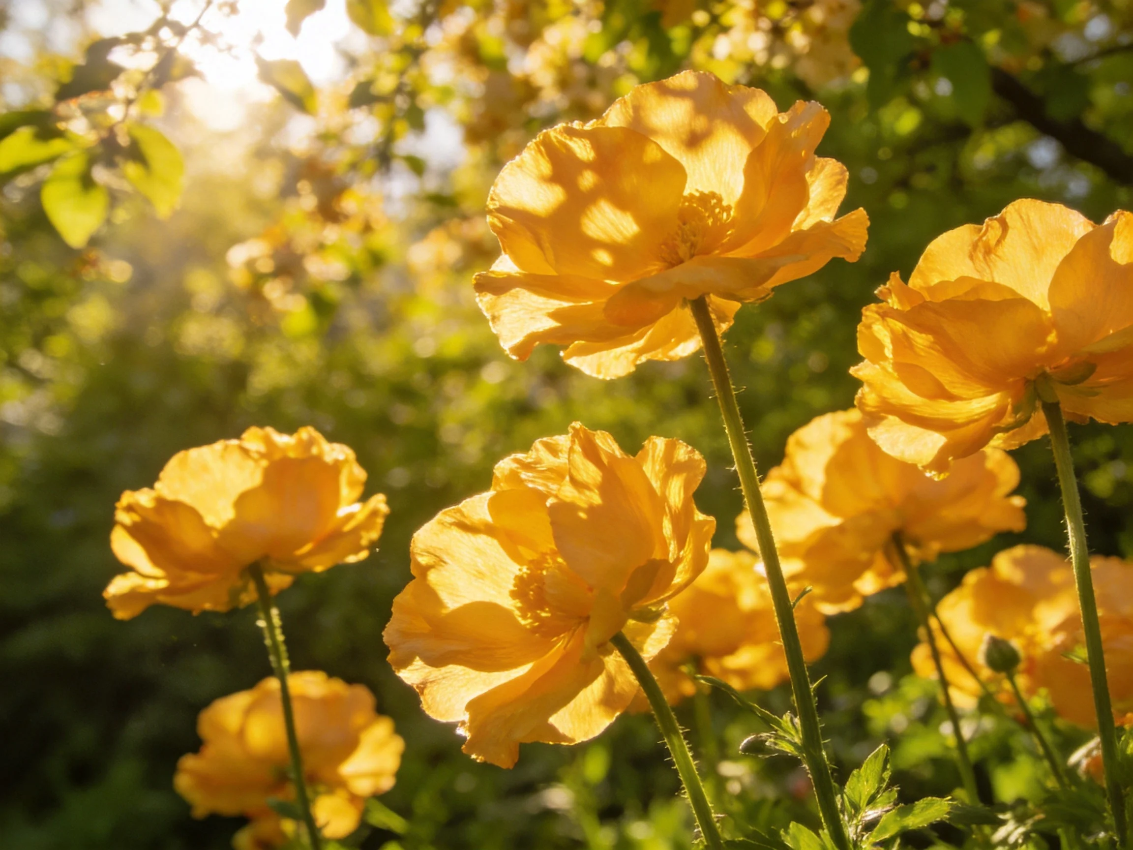 Vibrant yellow poppies bloom in a sun-drenched garden with green foliage