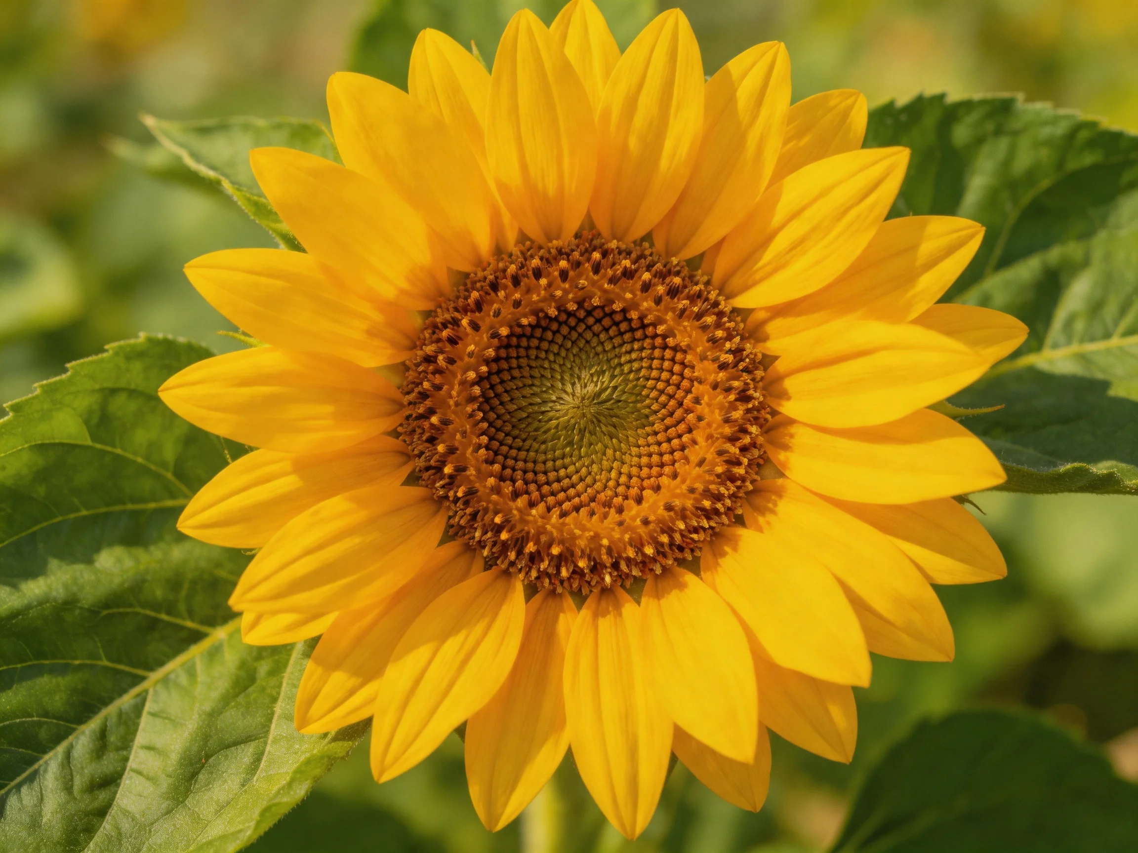 Vibrant yellow sunflower with detailed brown center and green leaves
