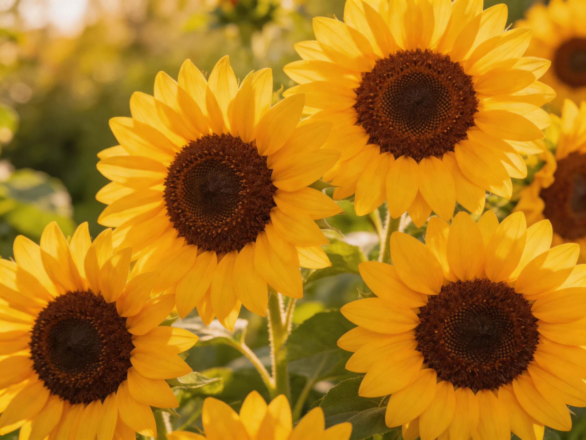 Vibrant yellow sunflowers with deep brown centers bloom in a sunlit field