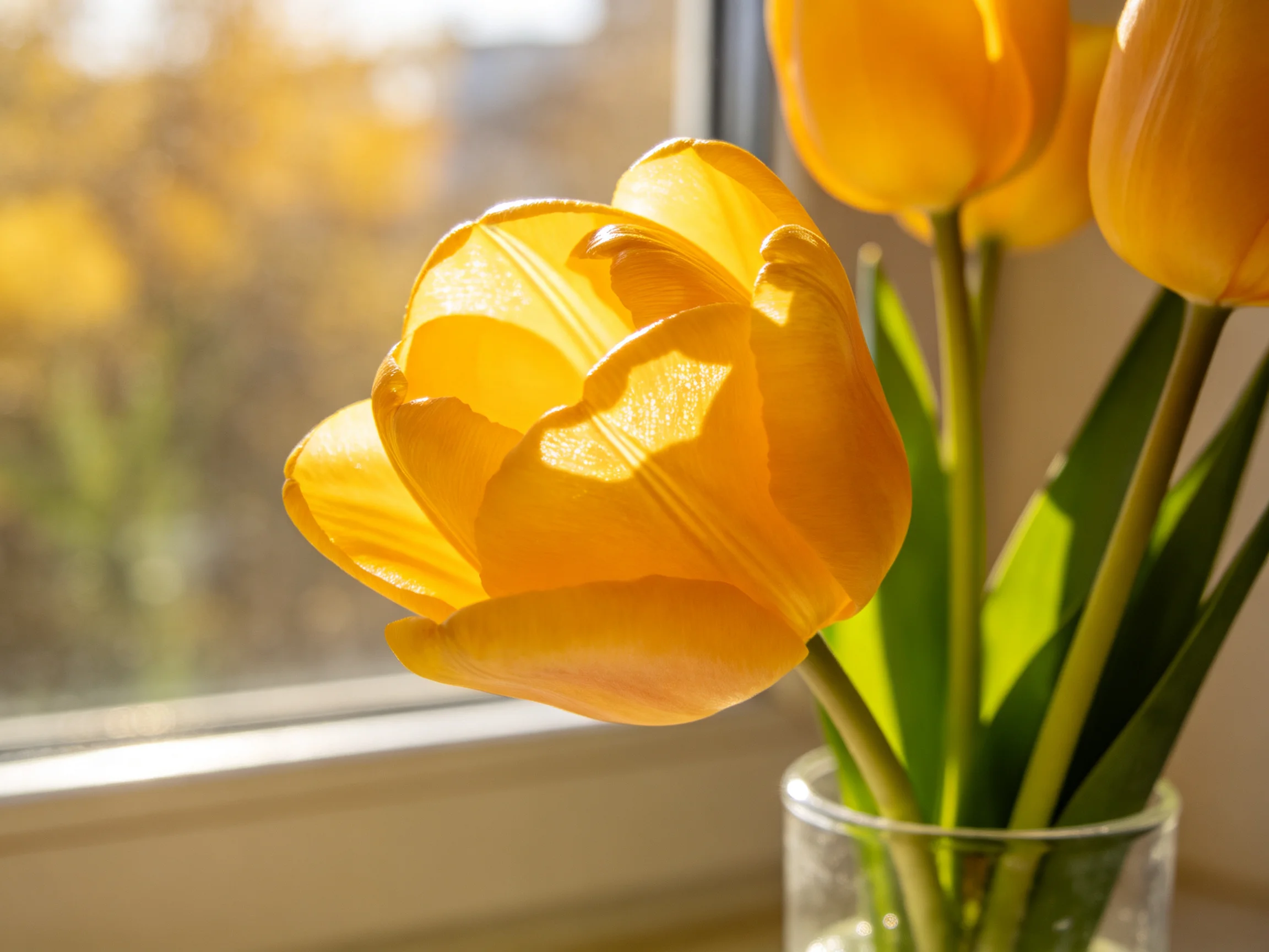 Vibrant yellow tulips arranged in a clear glass vase near a sunlit window