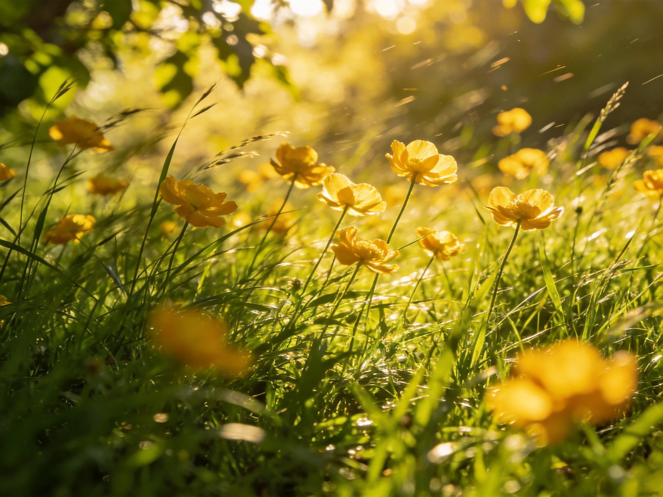 Vibrant yellow wildflowers bloom amid lush green grass under golden sunlight