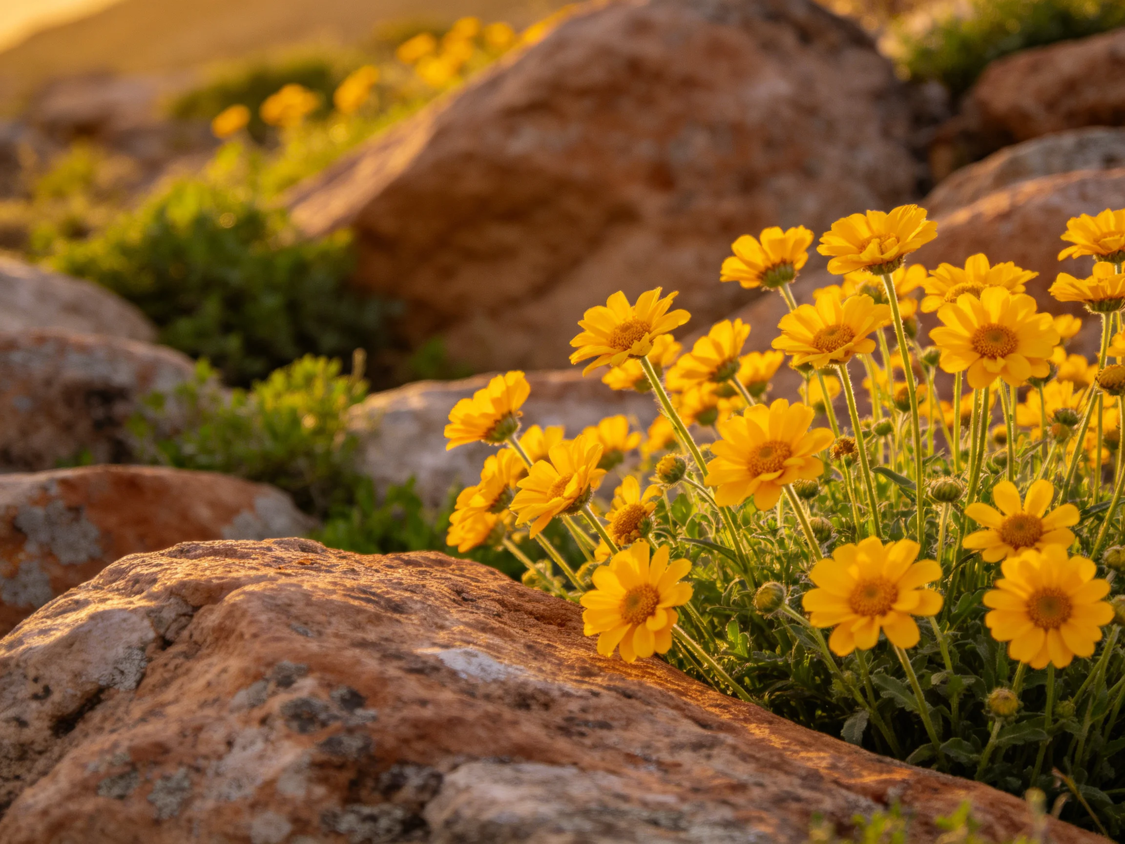 Vibrant yellow wildflowers bloom among large brown rocks in golden light