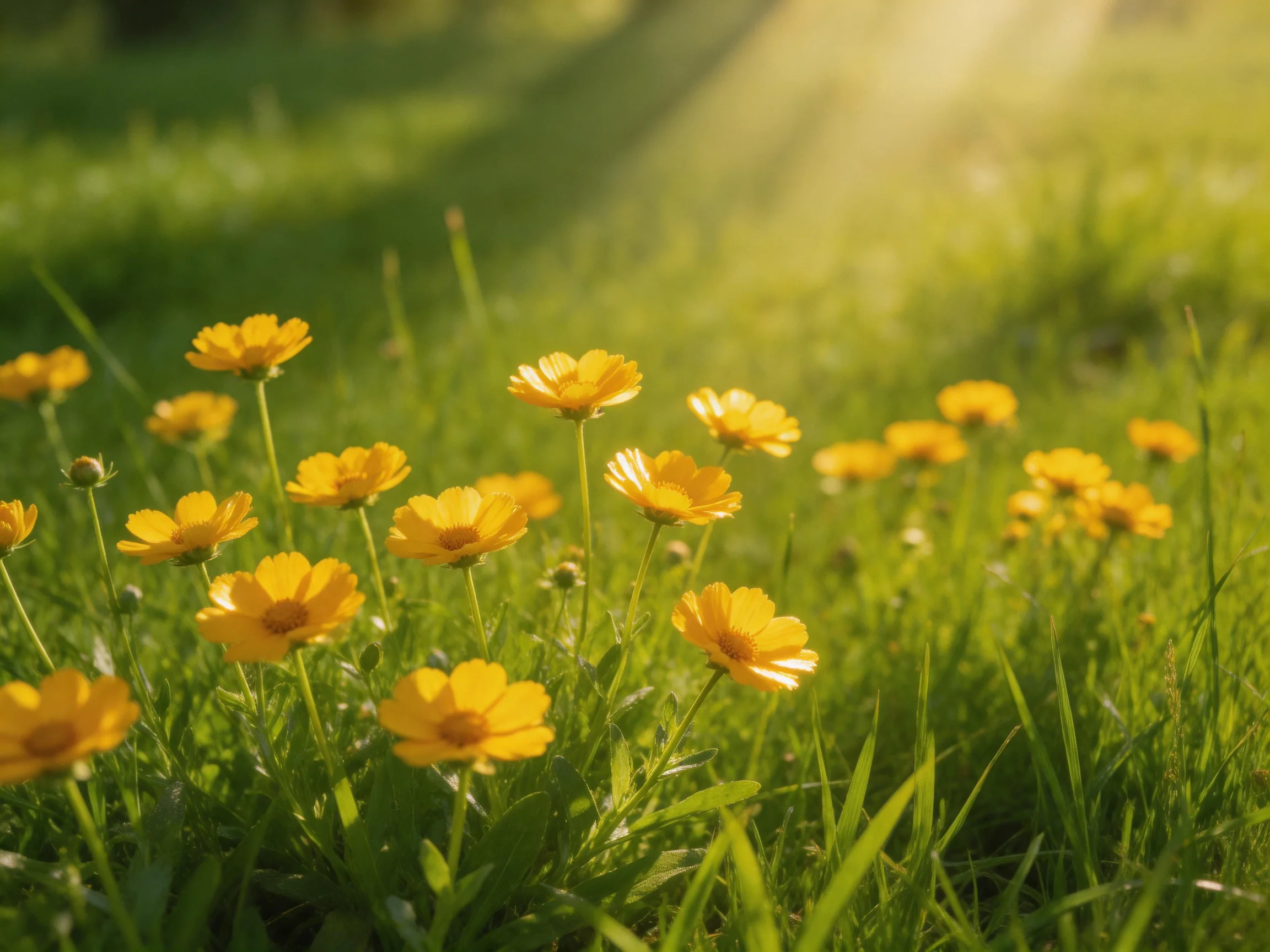 Vibrant yellow wildflowers bloom among lush green grass under soft sunlight