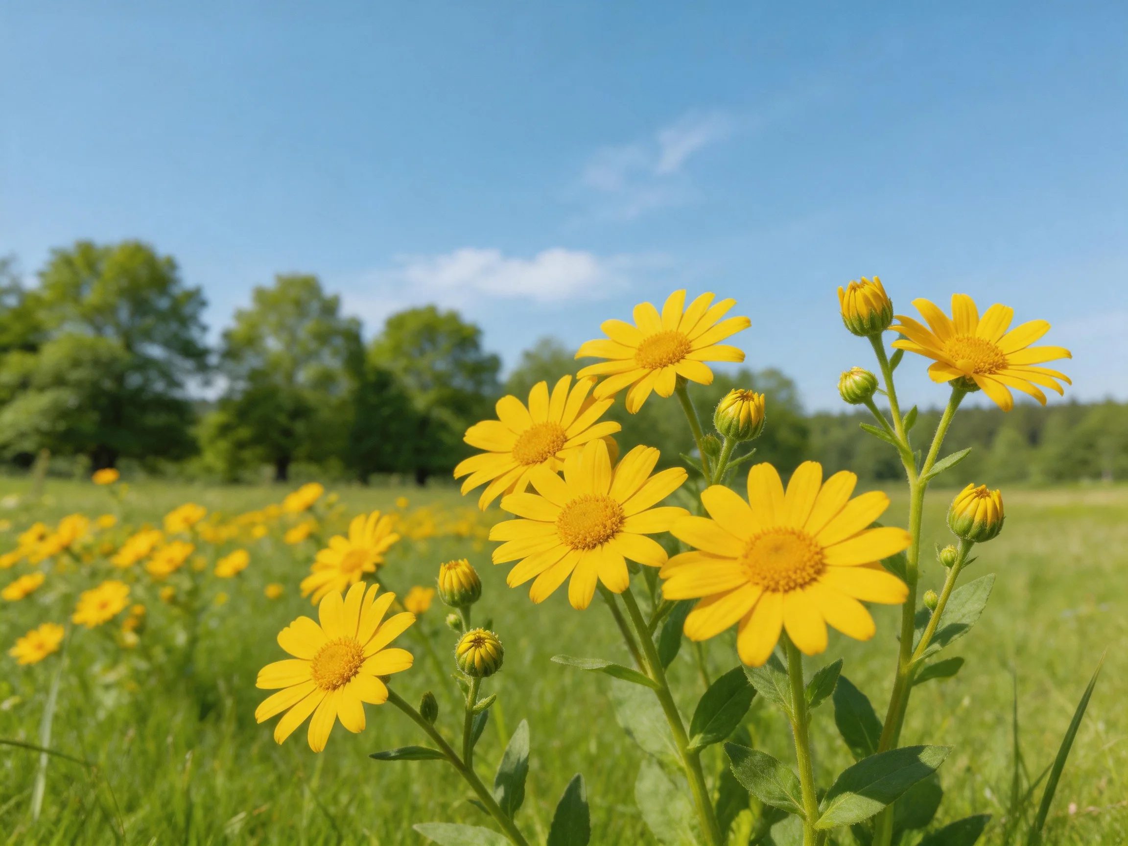 Vibrant yellow wildflowers bloom in a lush green meadow with distant trees