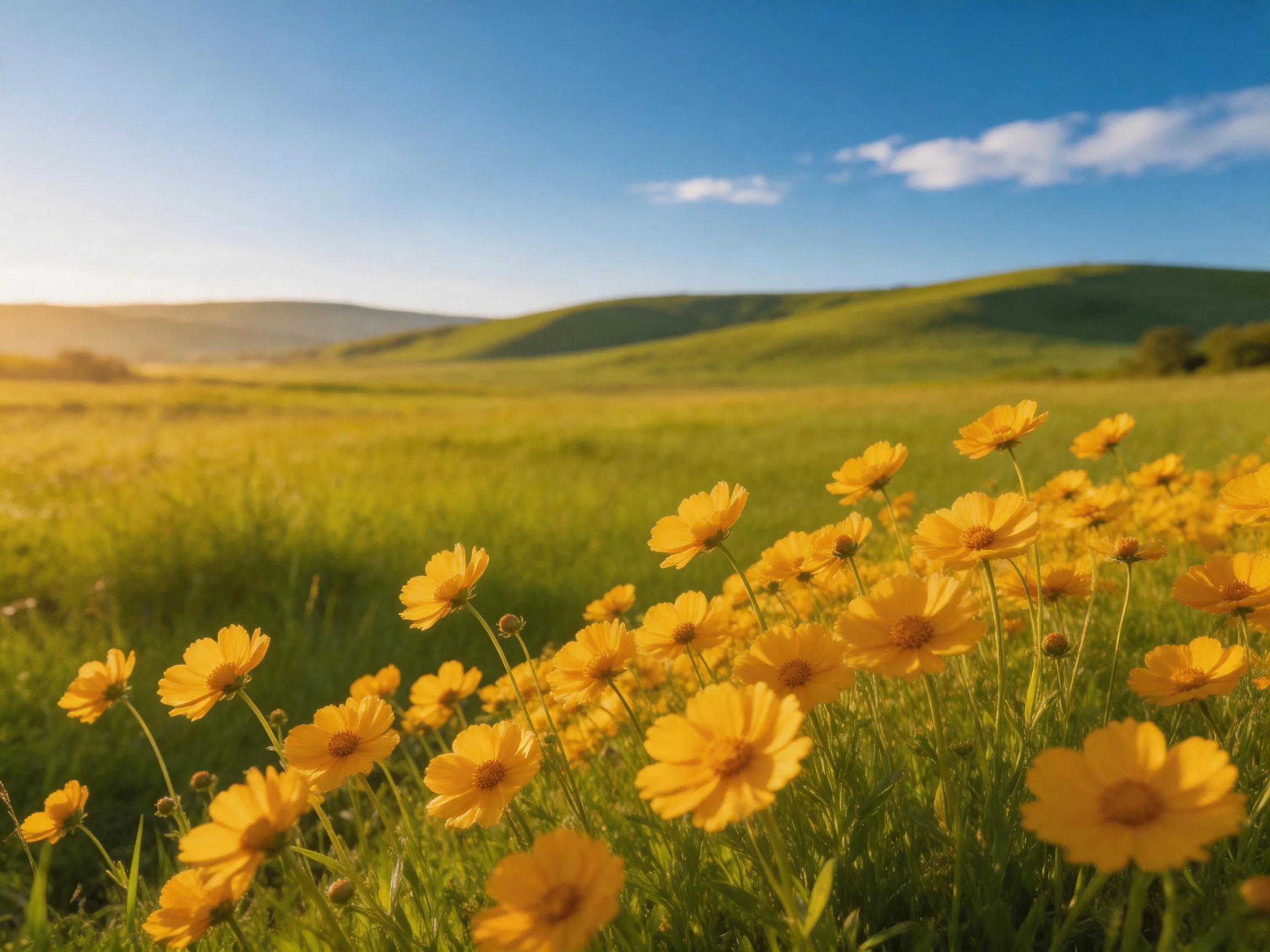 Vibrant yellow wildflowers bloom in a lush green meadow with rolling hills