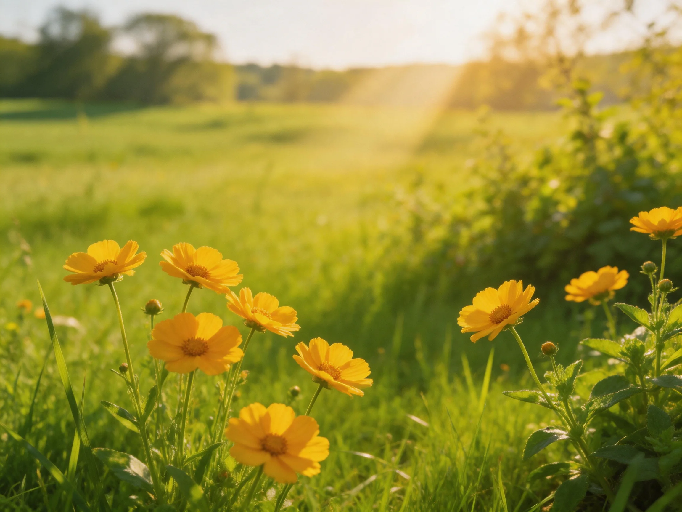 Vibrant yellow wildflowers bloom in a sun-drenched green meadow