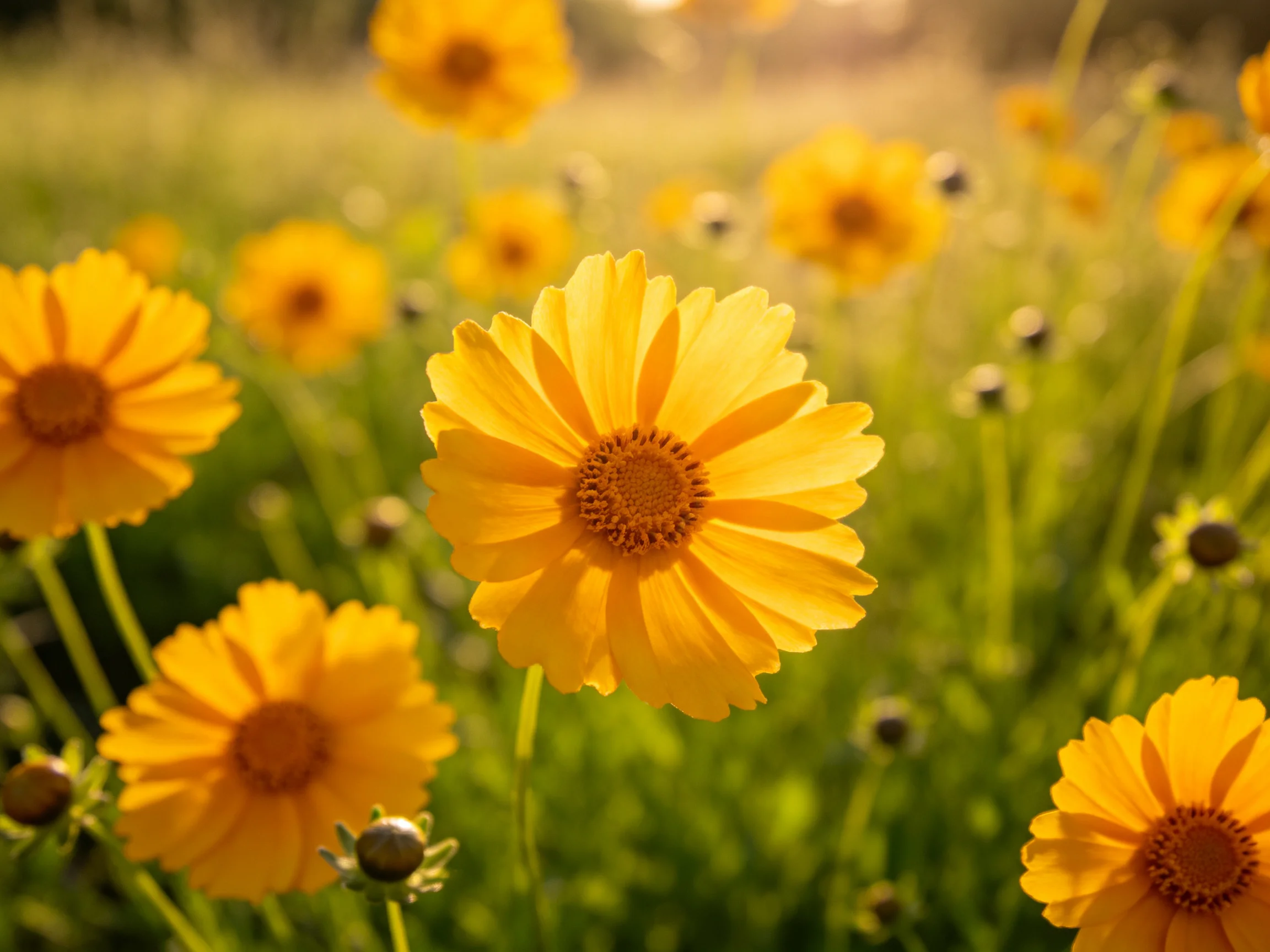 Vibrant yellow wildflowers fill a sun-kissed meadow