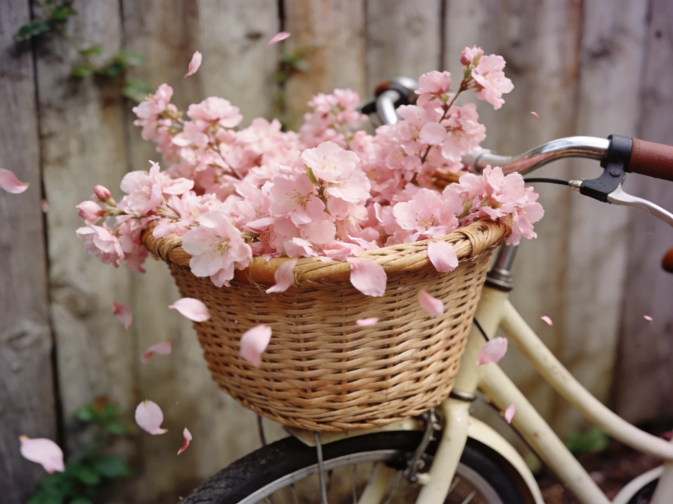Vintage cream bicycle with wicker basket full of pink blossoms