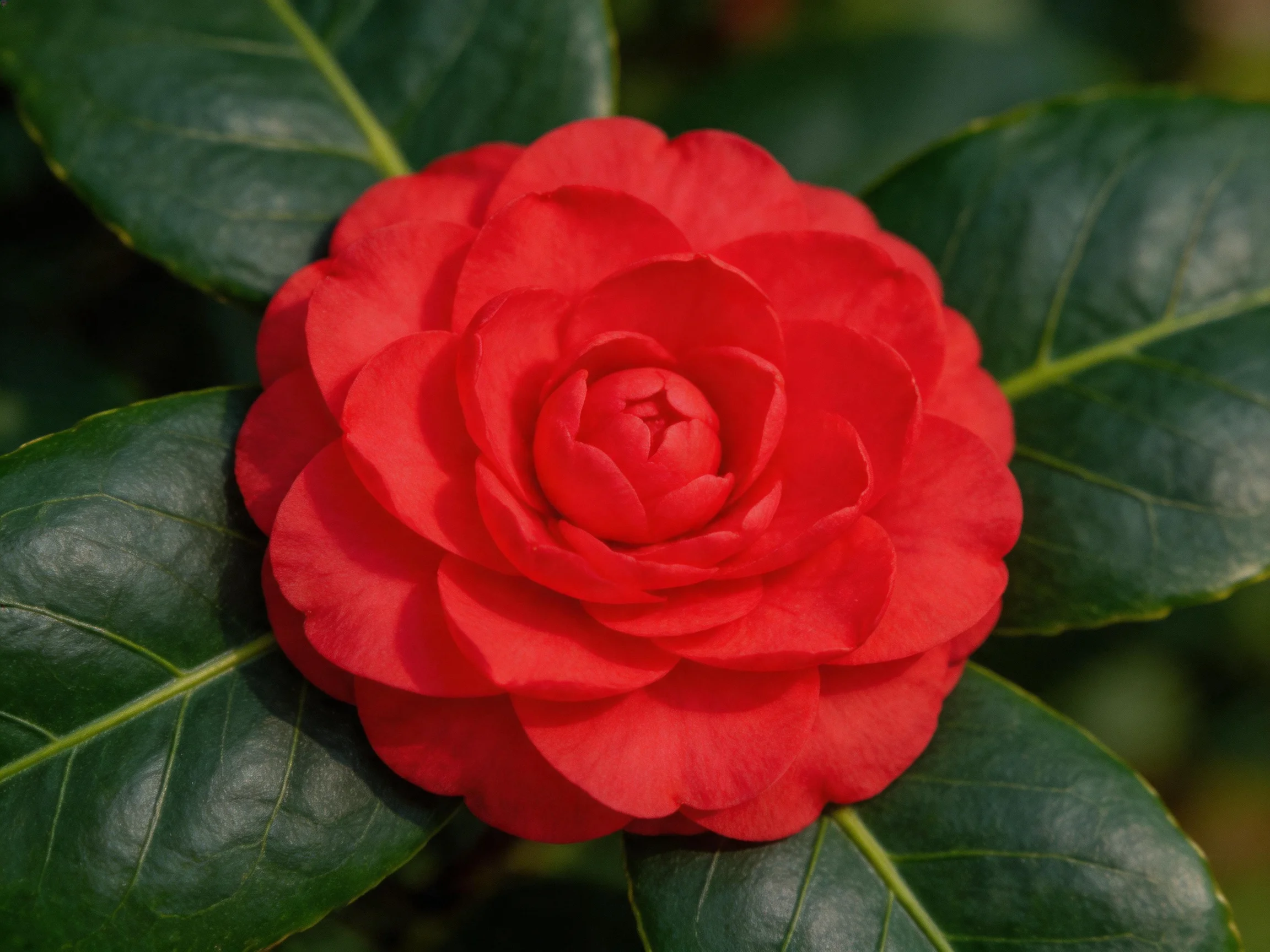 Vivid red camellia bloom with glossy dark green leaves