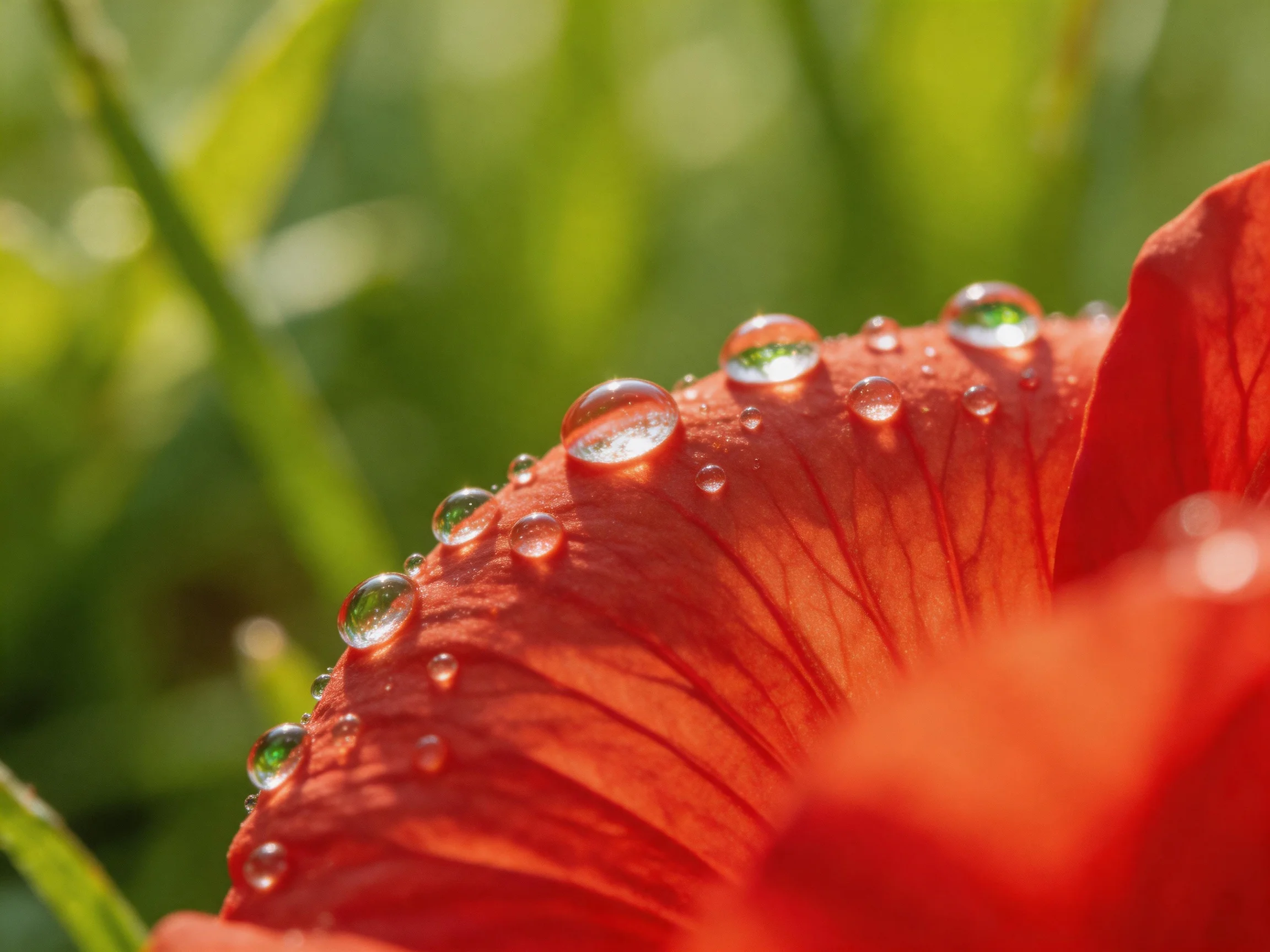 Water droplets grace a bright orange petal with green foliage behind