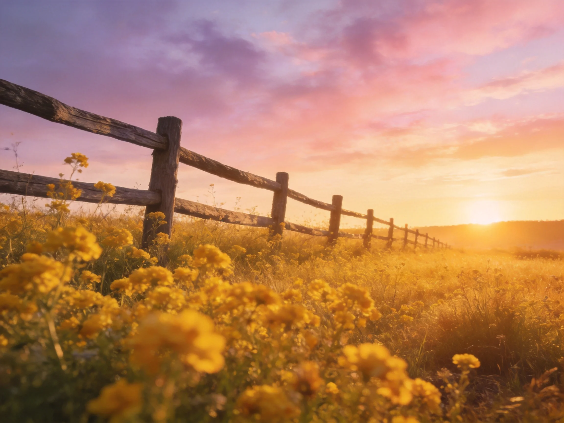 Weathered wooden fence lines yellow wildflower field under colorful sunset sky