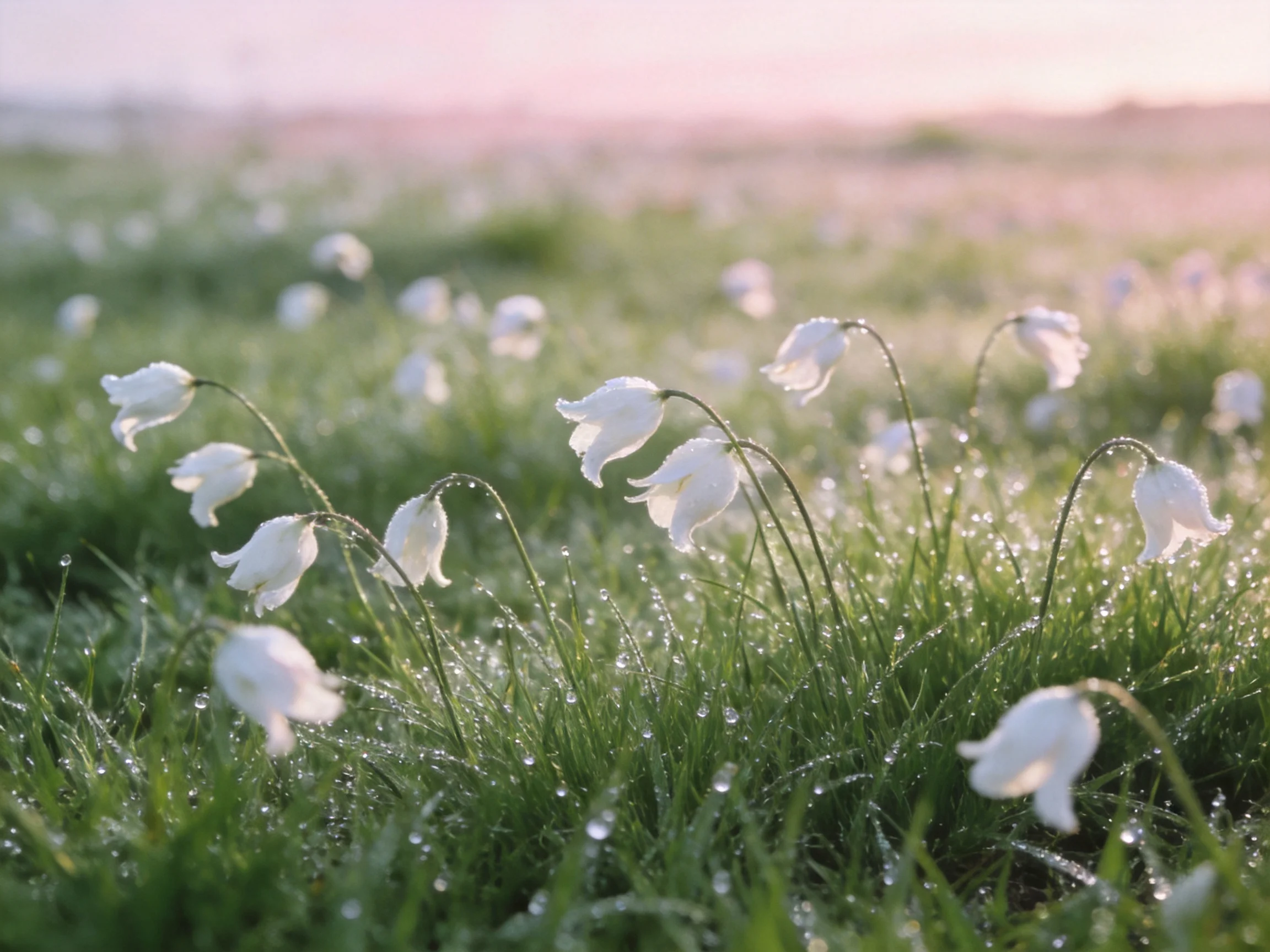 White Bell-Shaped Flowers with Dew Drops in Sunlit Meadow