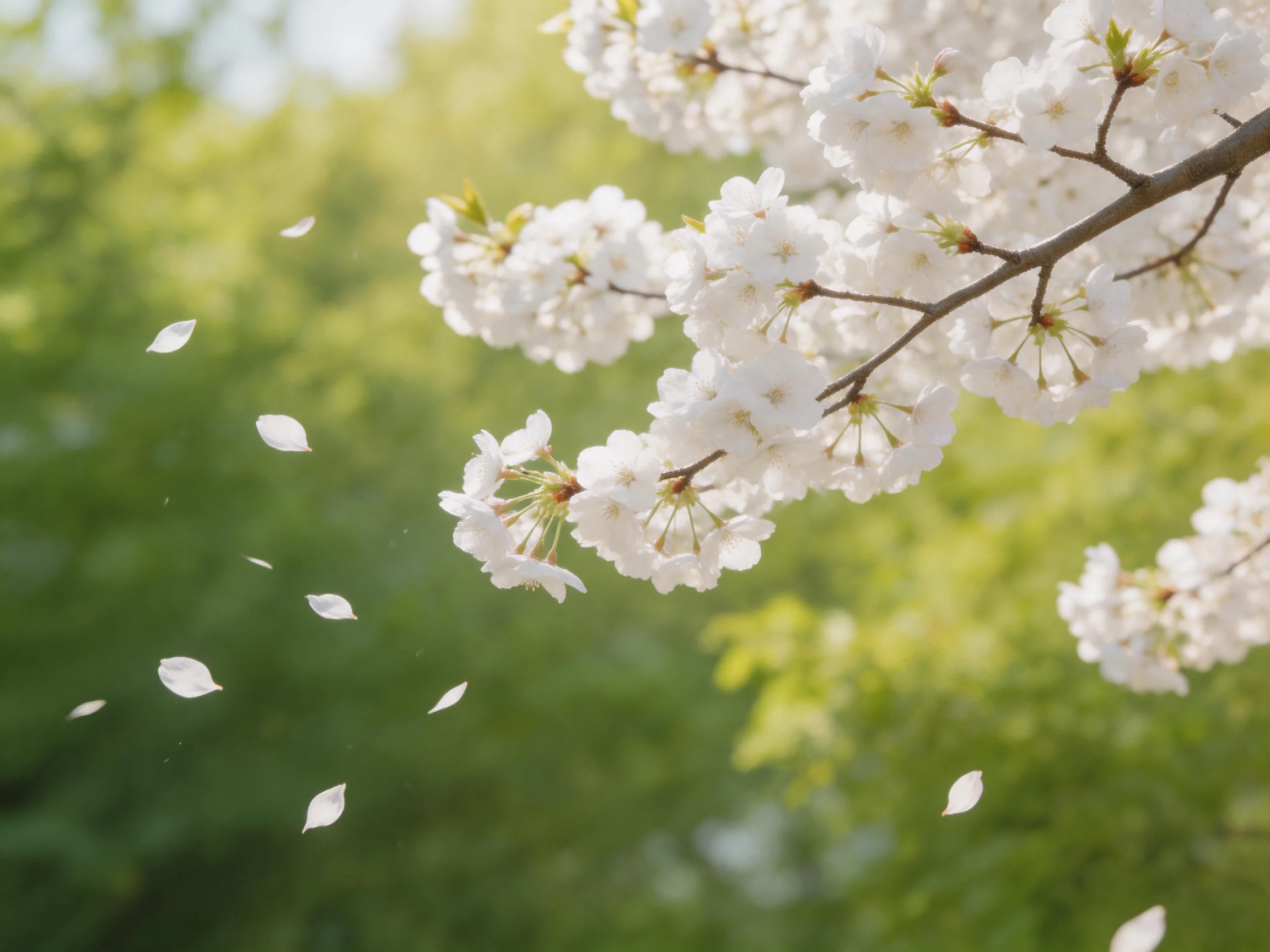 White Cherry Blossom Branches with Falling Petals Against Green Foliage