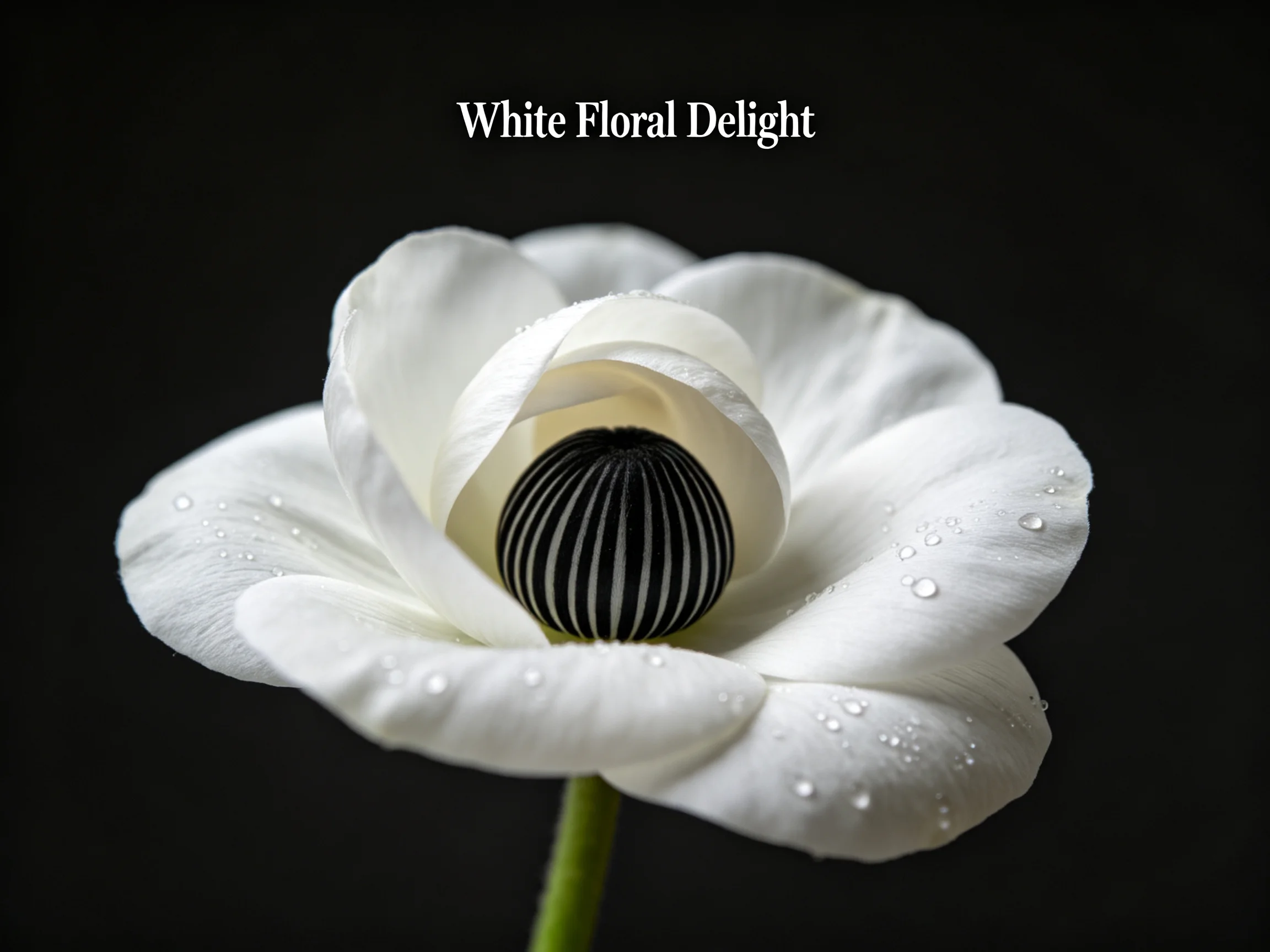 White Flower with Black Center and Glistening Dewdrops