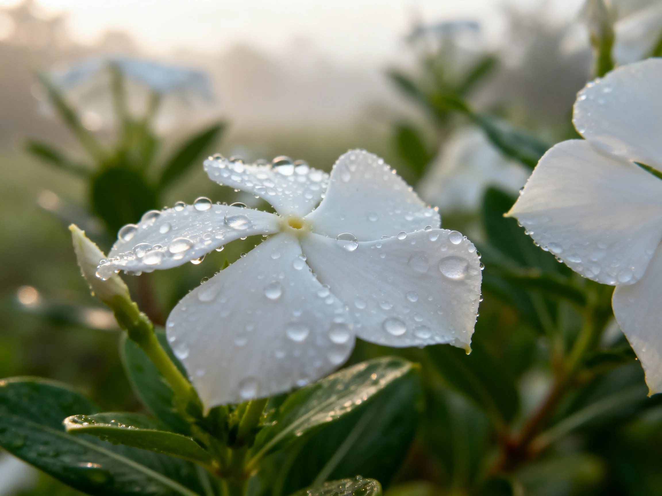 White Flowers with Dewdrops in a Sunlit Garden