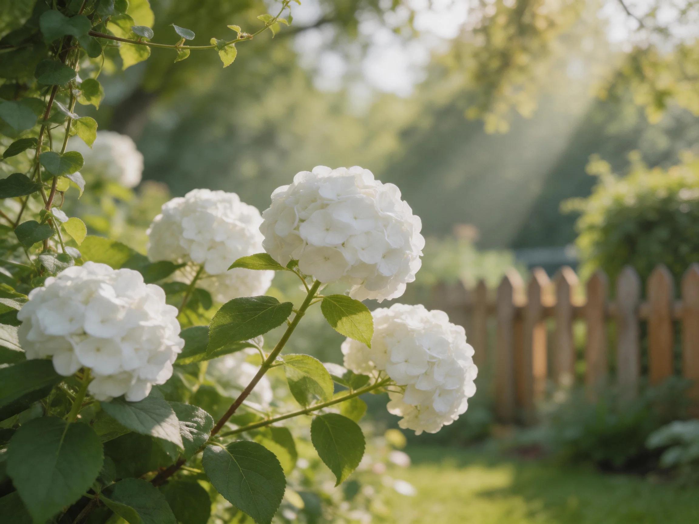 White hydrangea blooms are shown in a sunlit garden next to a wooden fence.