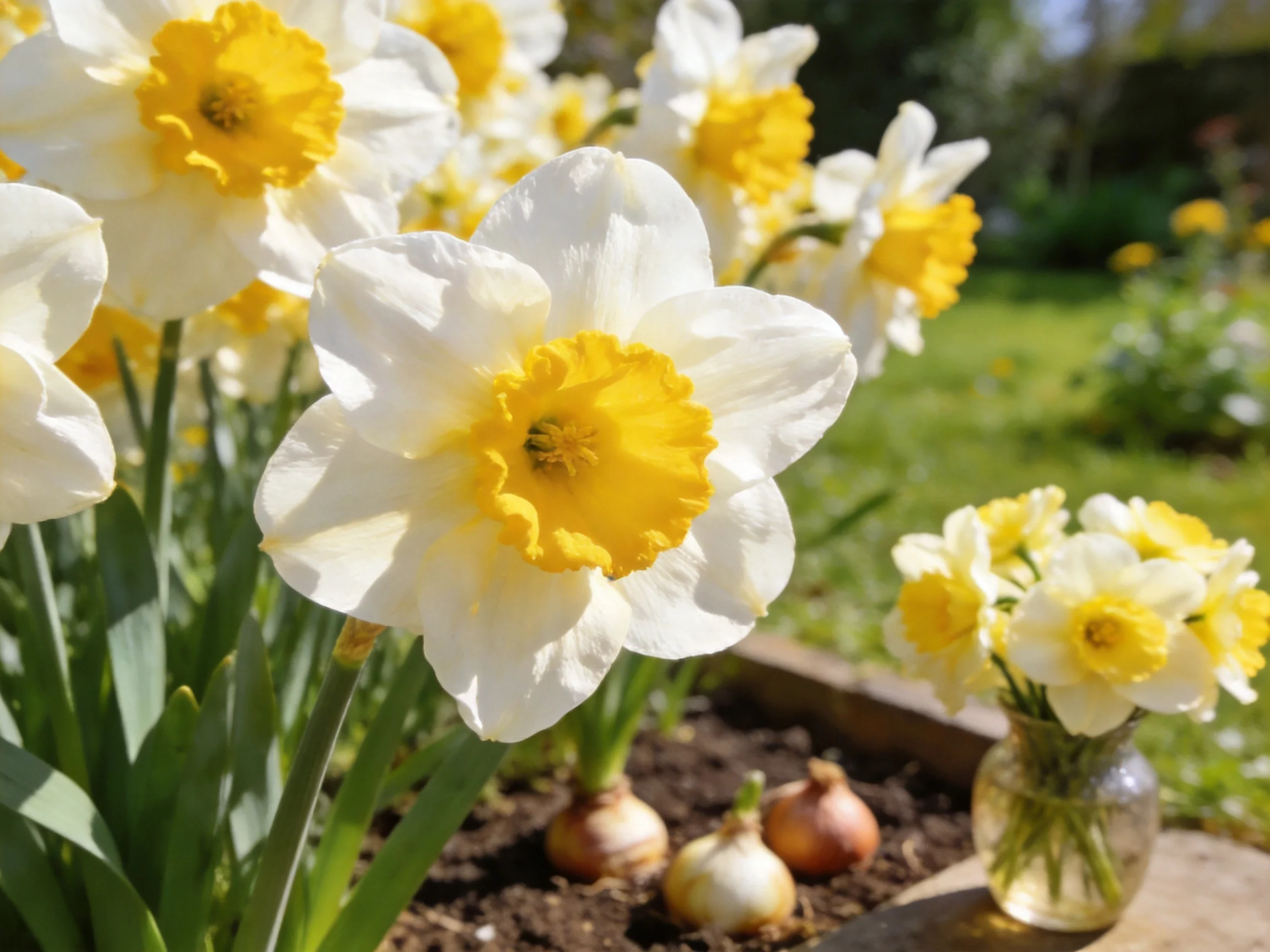White and Yellow Daffodils Blooming in a Sunlit Garden