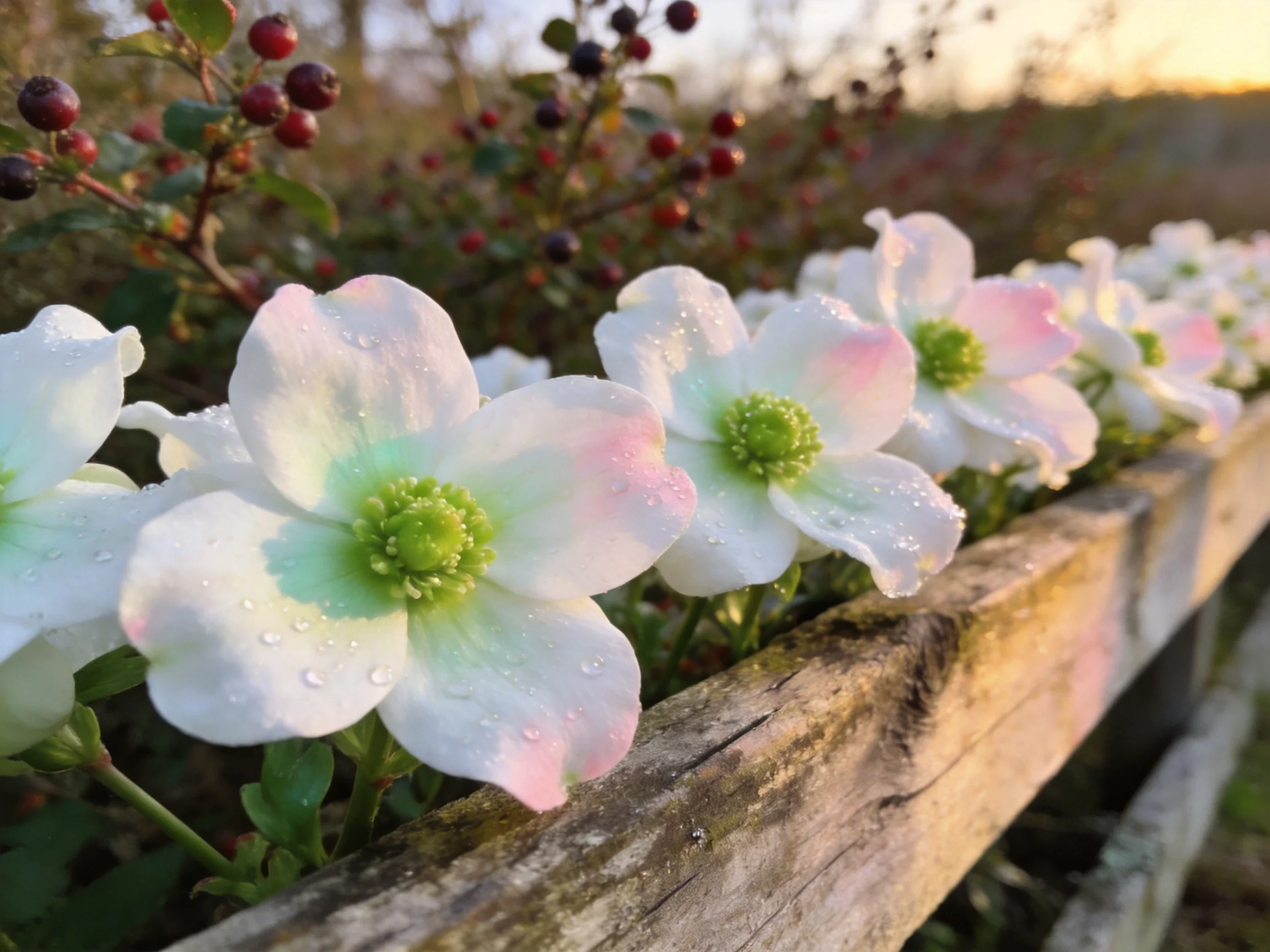 White and pink flowers in a weathered wooden planter with red berries