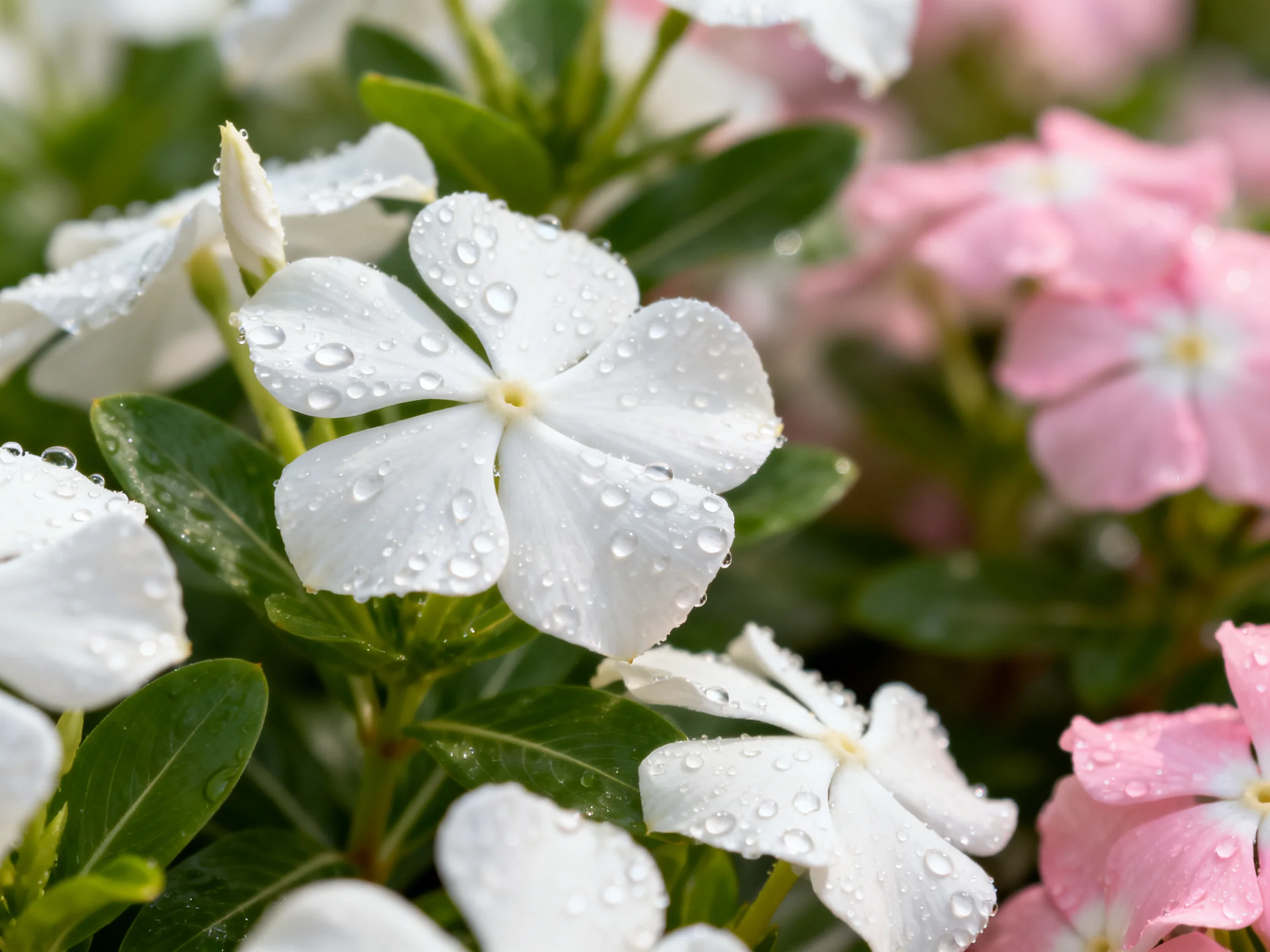 Dew - covered white and pink flowers bloom amid green foliage.