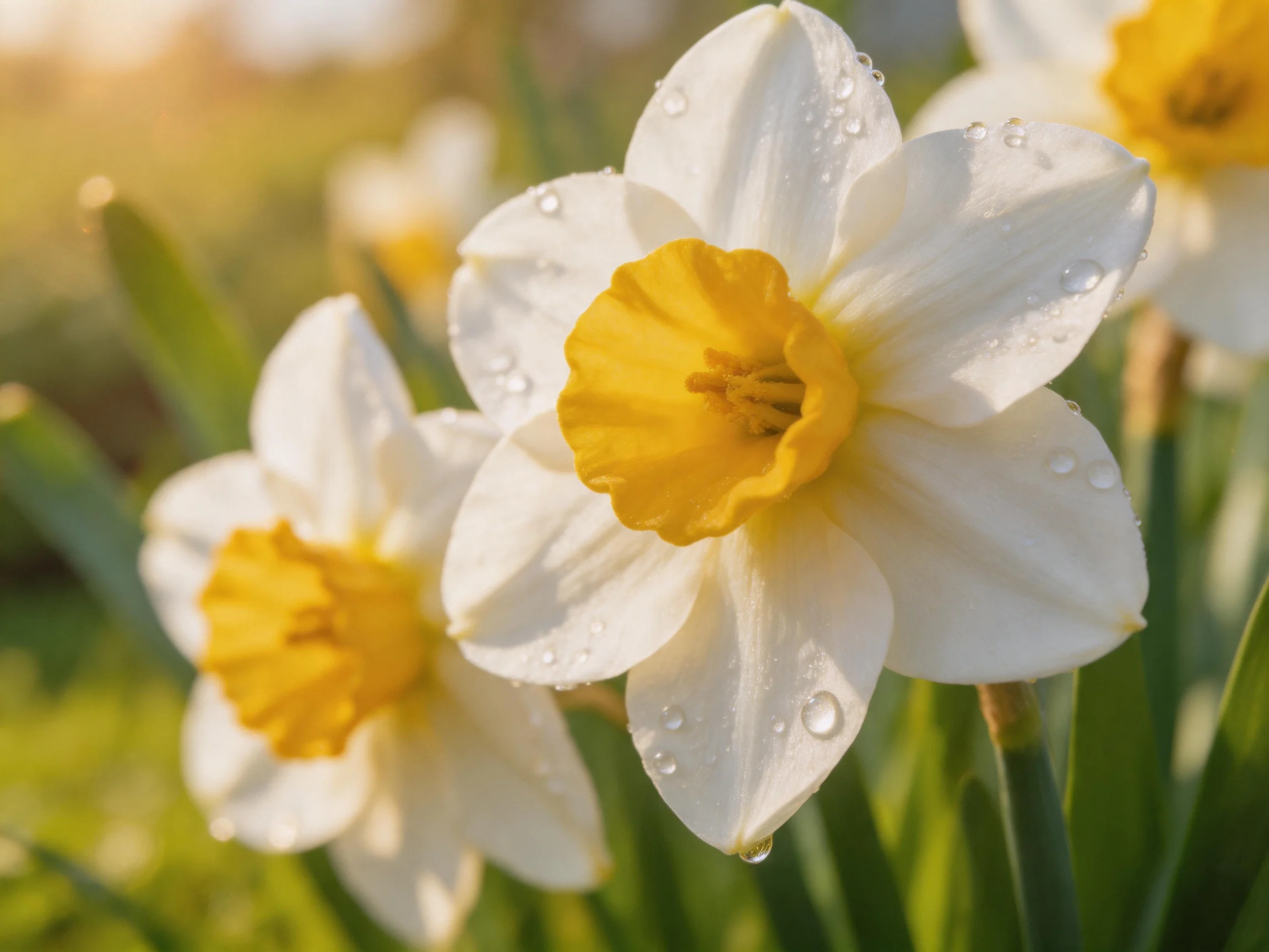 White and yellow daffodils with water droplets in a sunlit garden