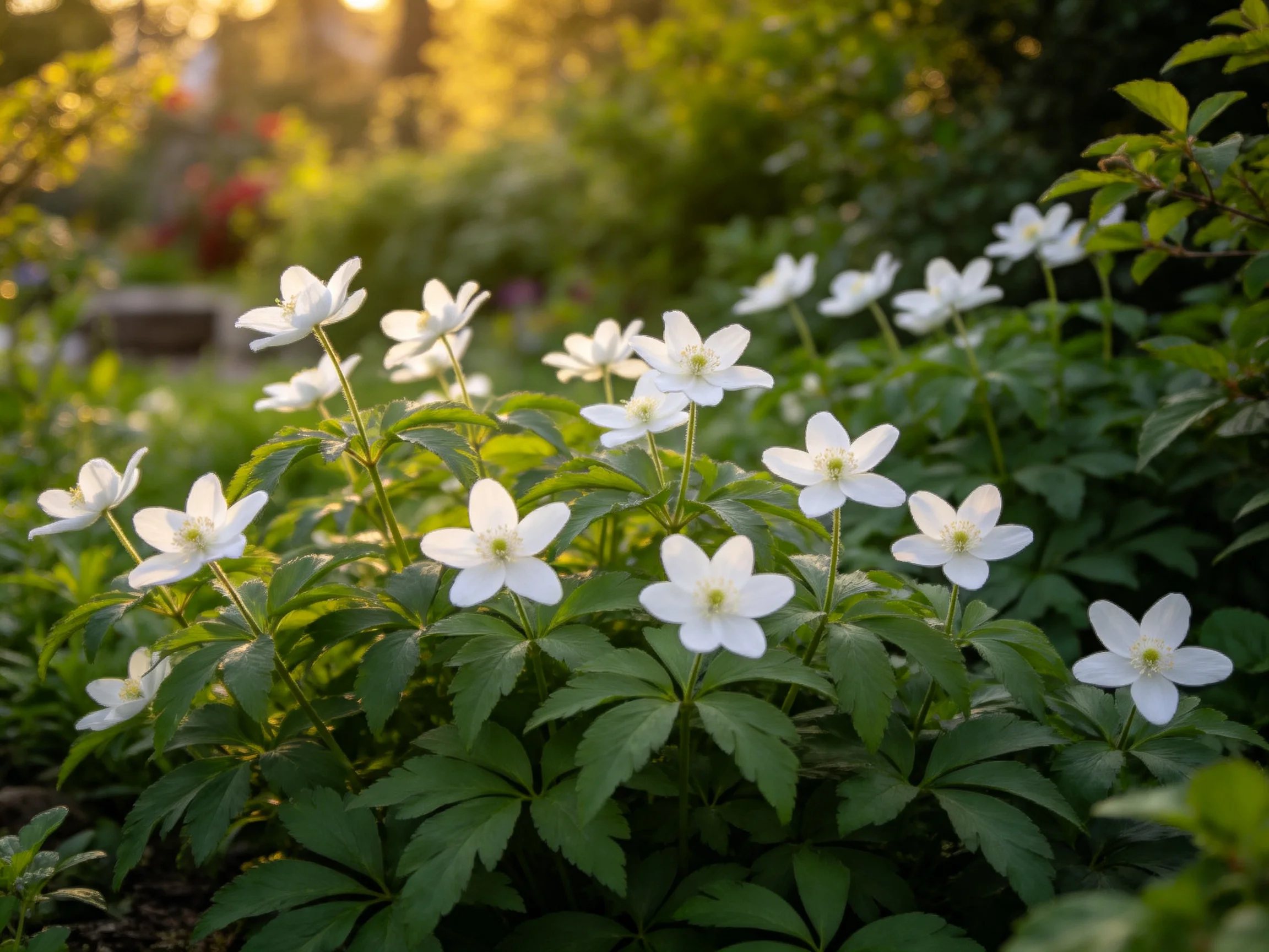 White anemone flowers bloom in a sunlit garden with lush greenery
