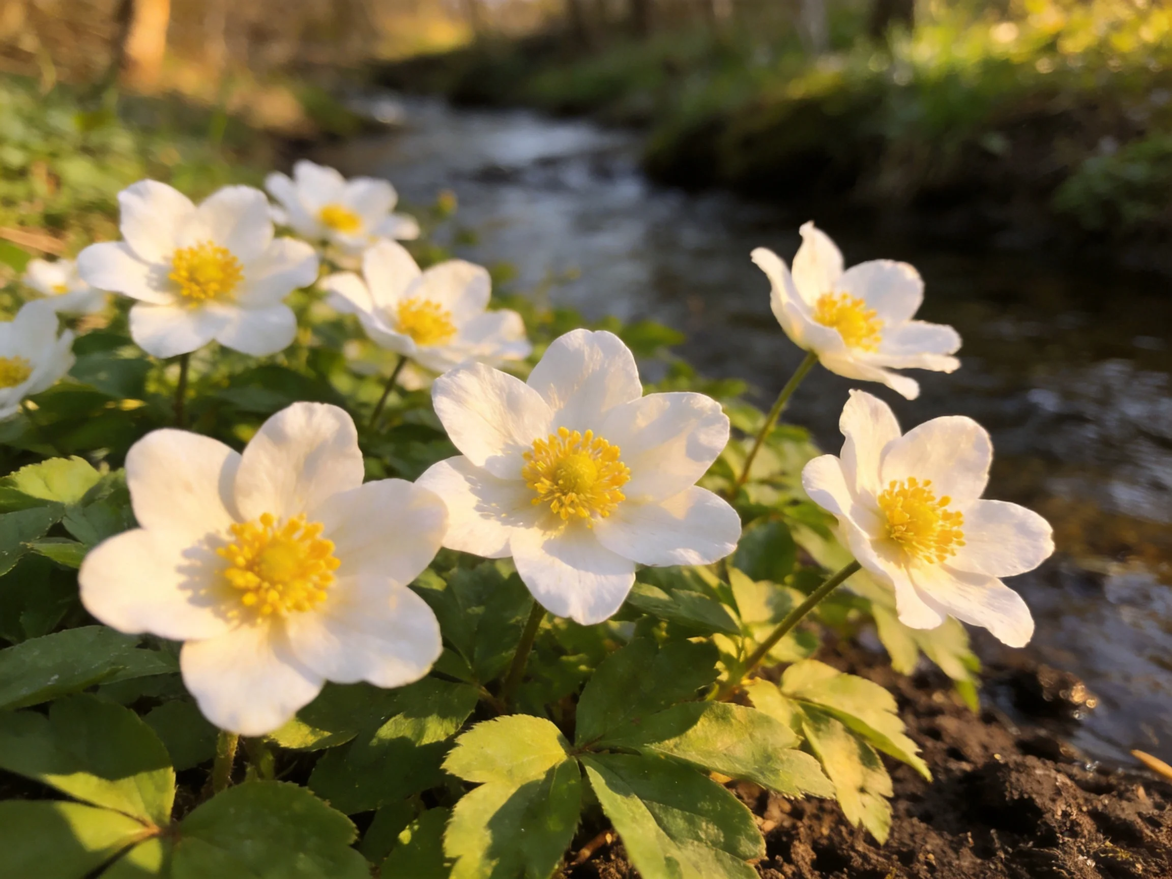 White anemone flowers with yellow centers by a sunlit stream