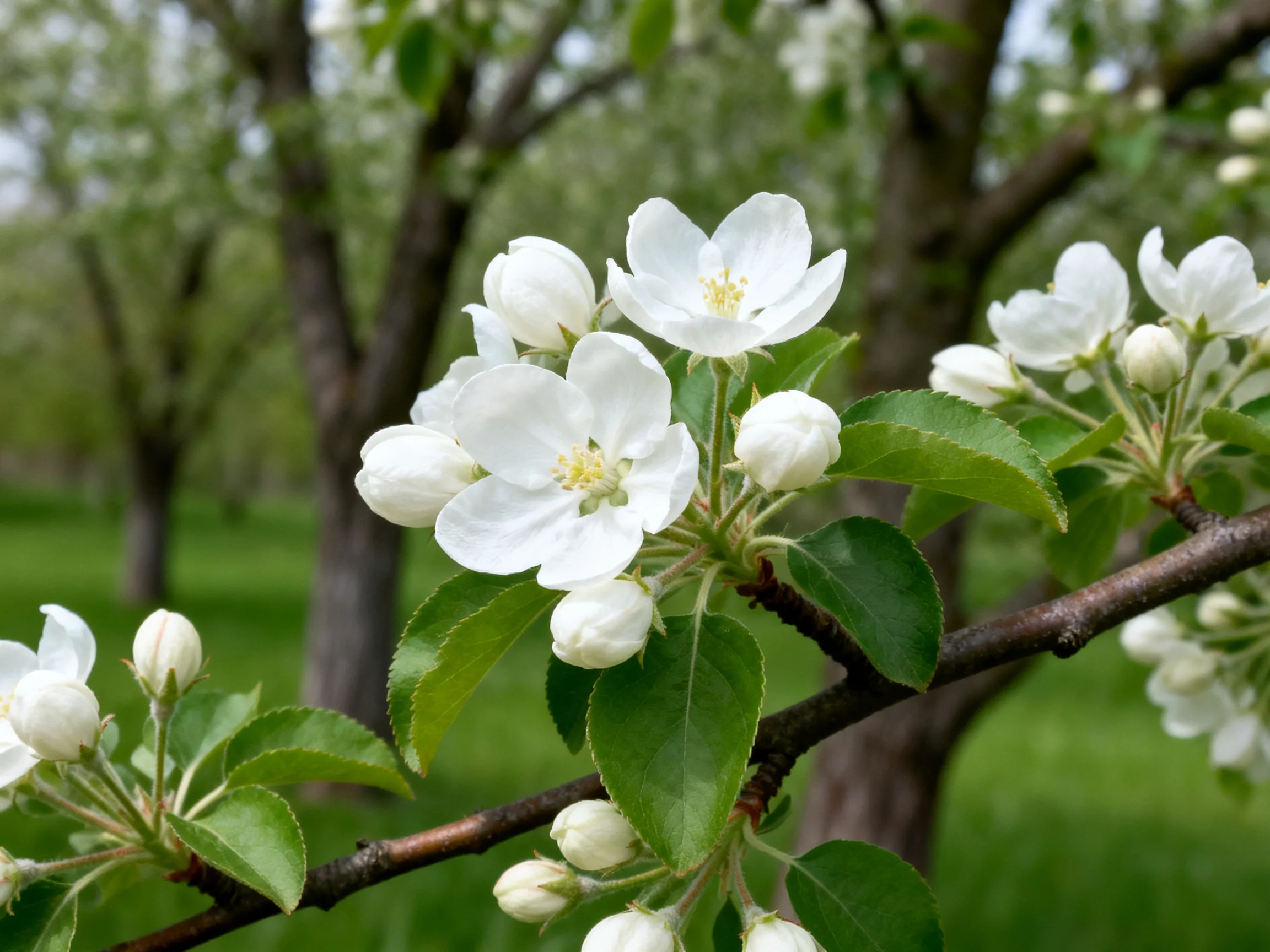 White apple blossoms bloom among green foliage in a tree orchard