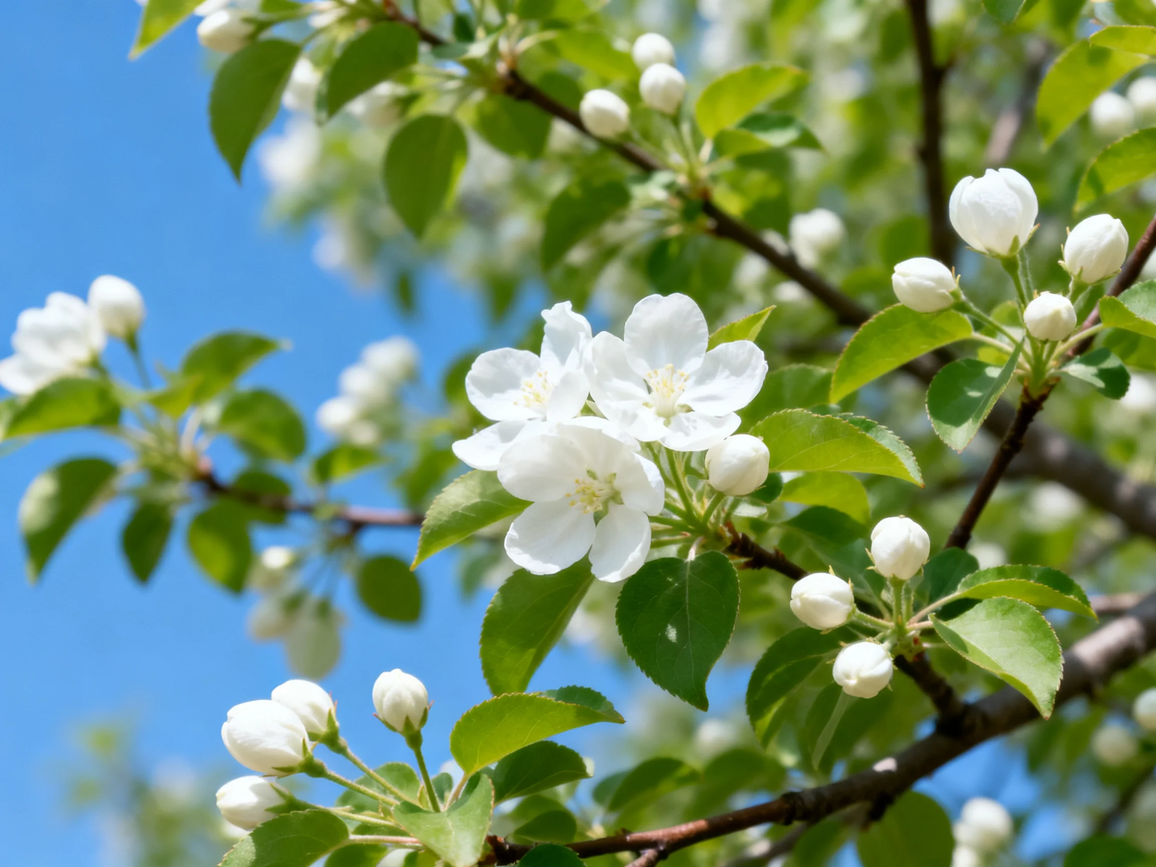 White apple blossoms with green foliage under bright blue sky