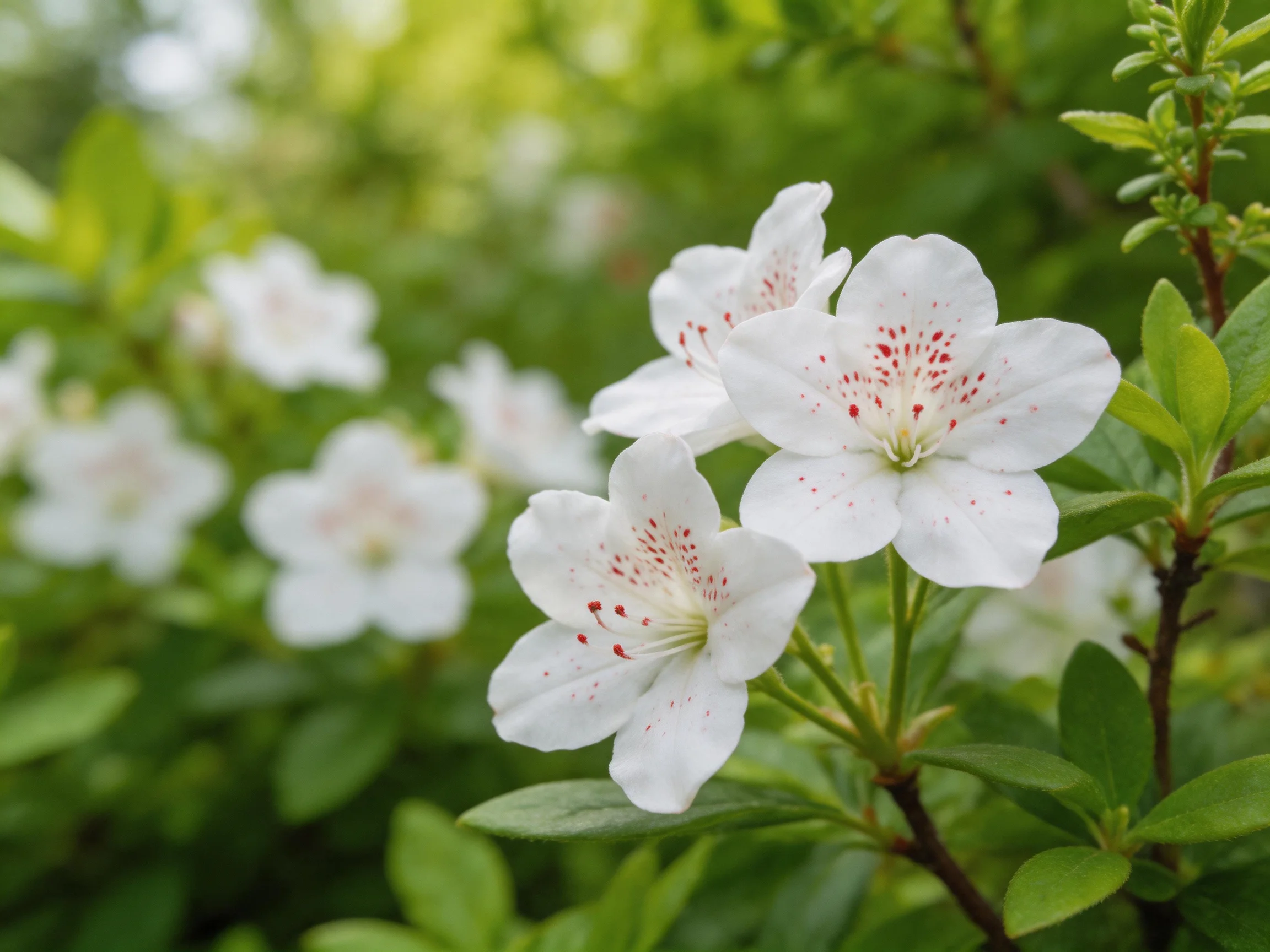 White azalea blooms with red speckles amid lush greenery