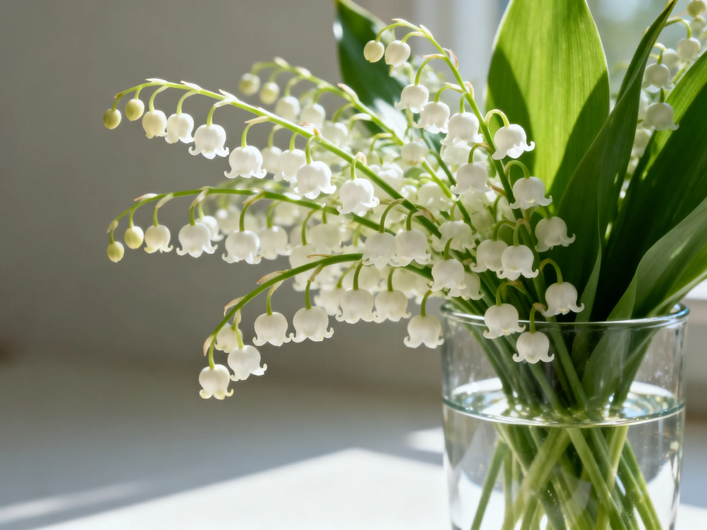 White bell-shaped flowers arranged in a clear glass vase