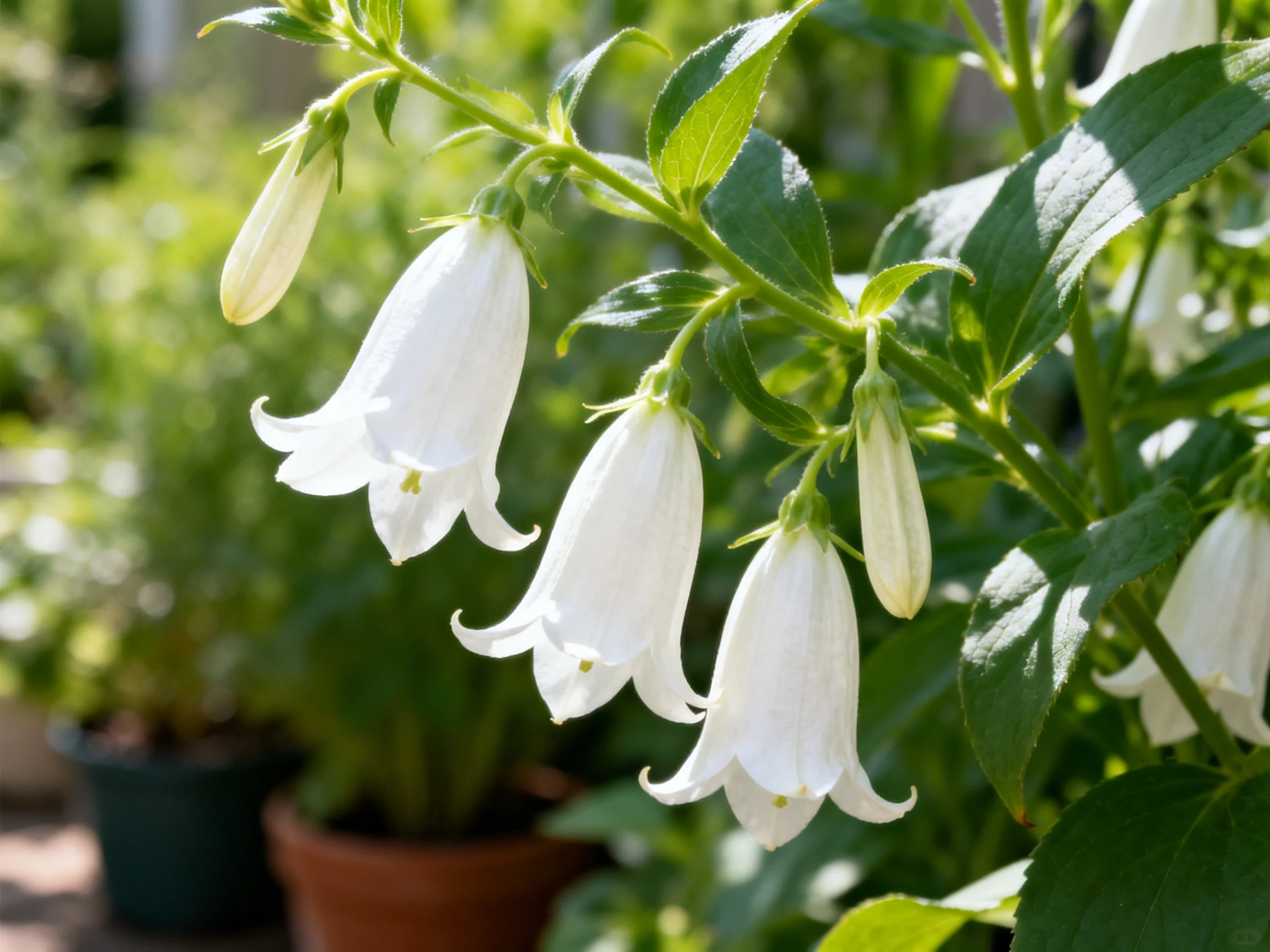 White bellflowers bloom among lush green foliage in pots