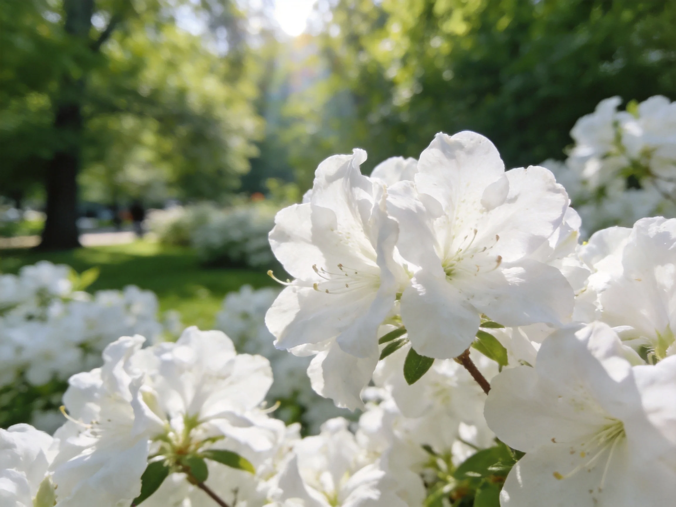 White blooms flourish amid lush greenery in a sunlit park