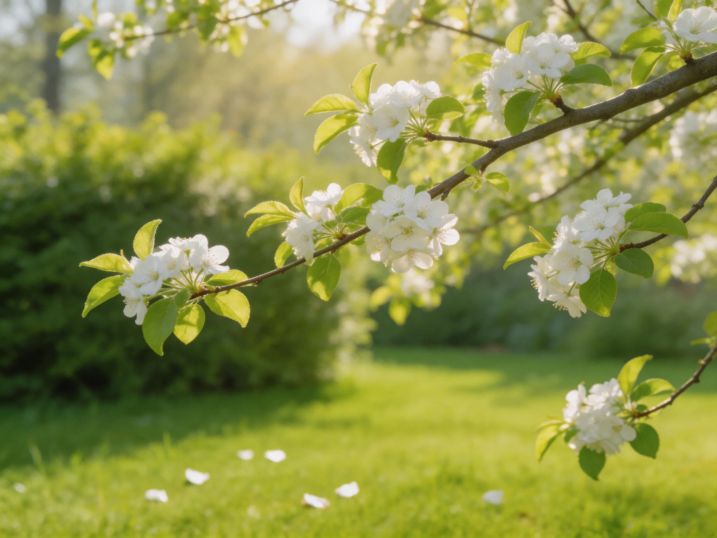 White blossoms adorn branches over a sunlit green lawn