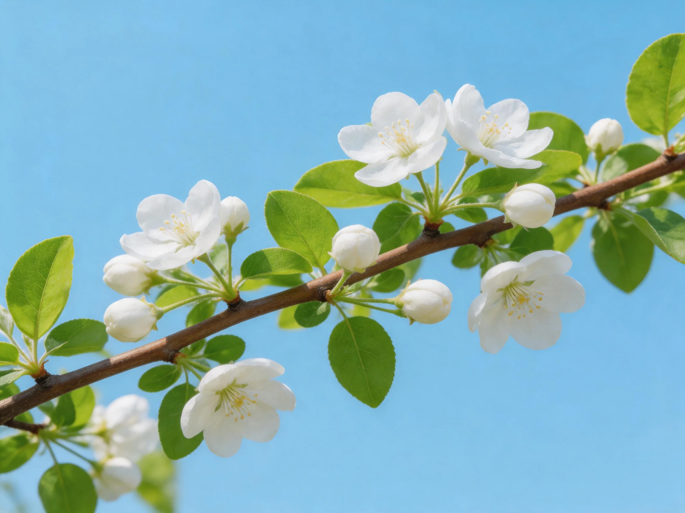 White blossoms and green leaves on a brown branch under bright blue sky