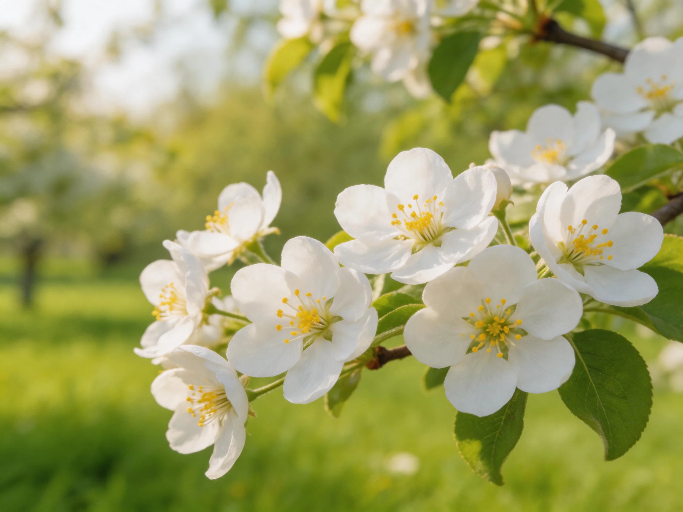 White blossoms bloom abundantly on a tree branch in a sunlit orchard