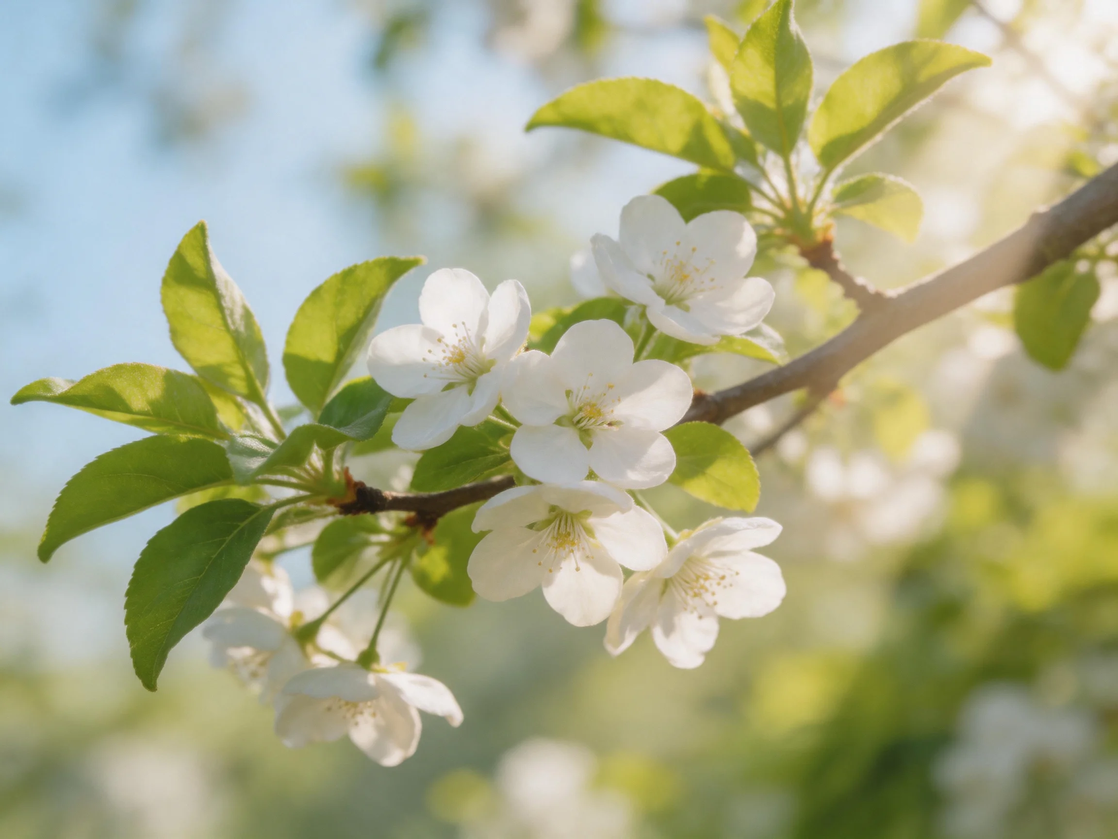 White blossoms bloom on a branch with vibrant green leaves under bright sunlight