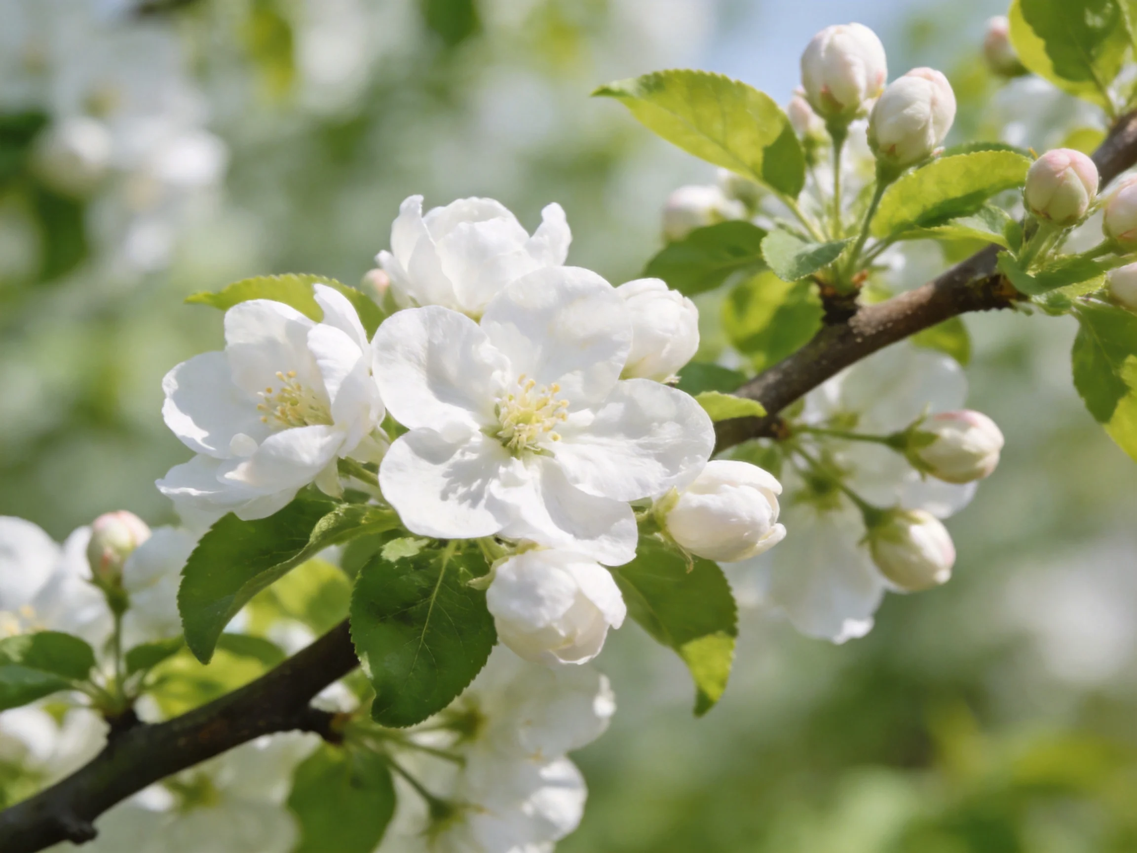 White blossoms bloom on dark brown tree branches with green foliage