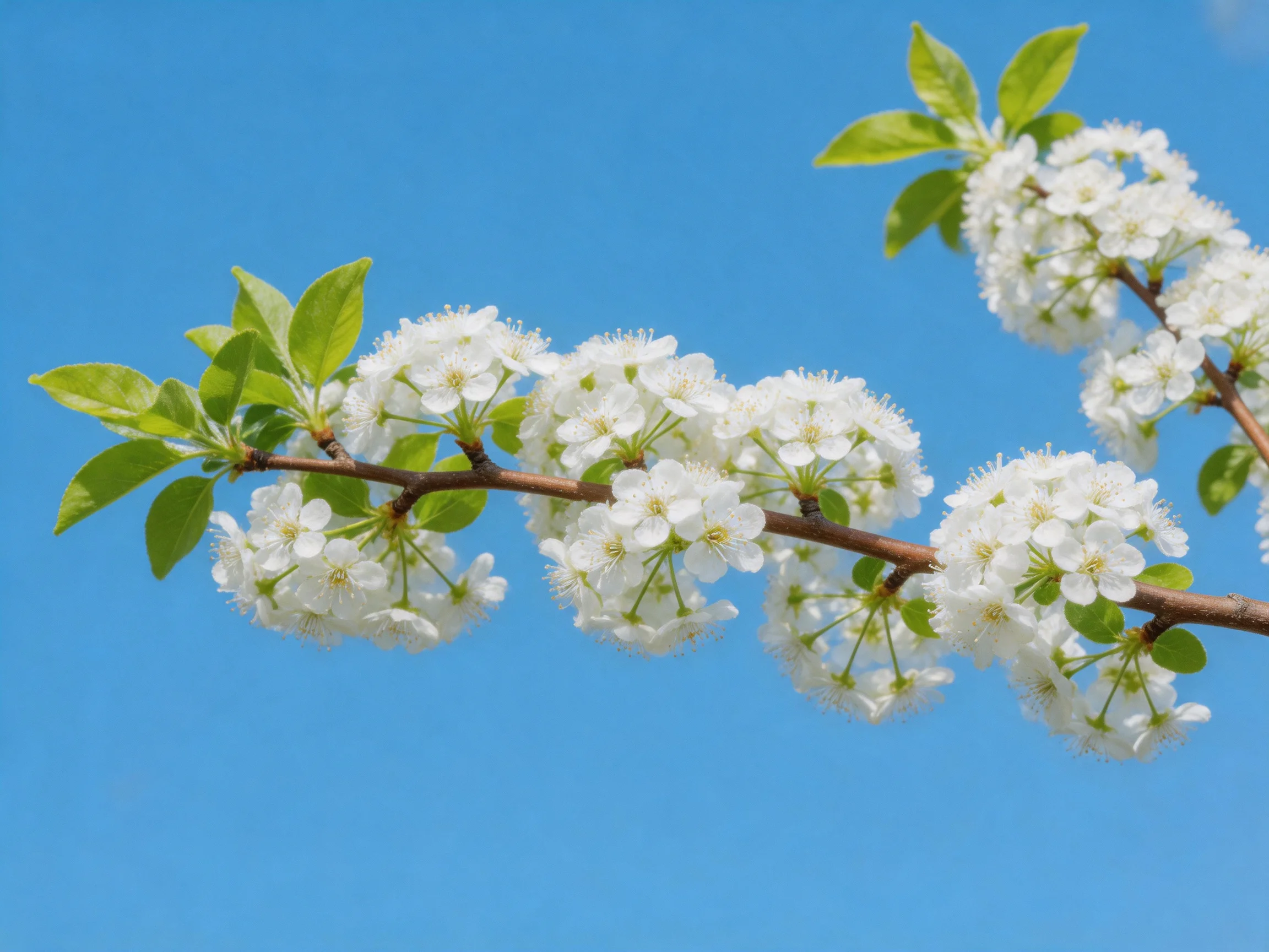 White blossoms cluster densely along brown branches with bright green leaves