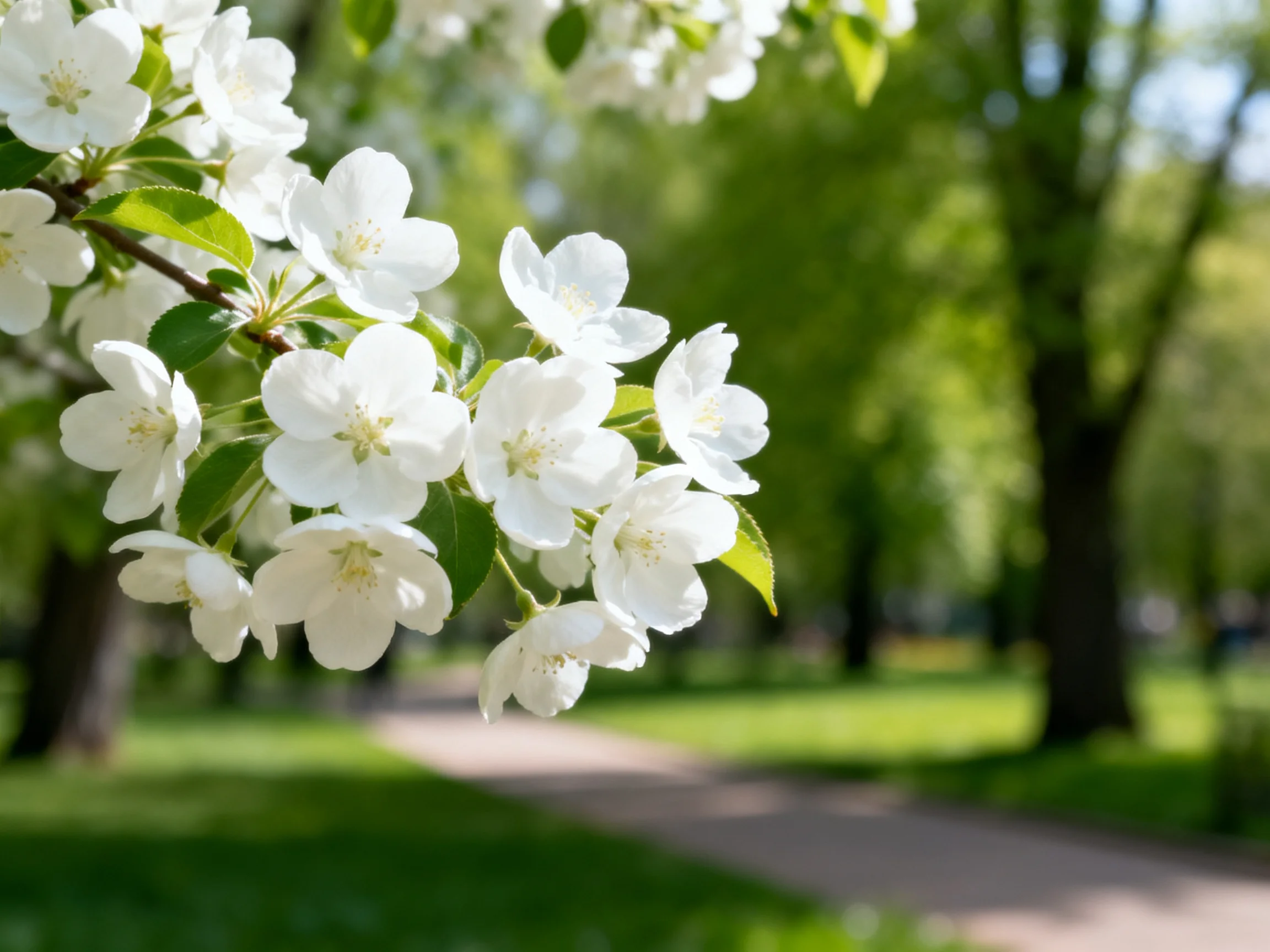 White blossoms cluster near a sunlit park path among green trees.