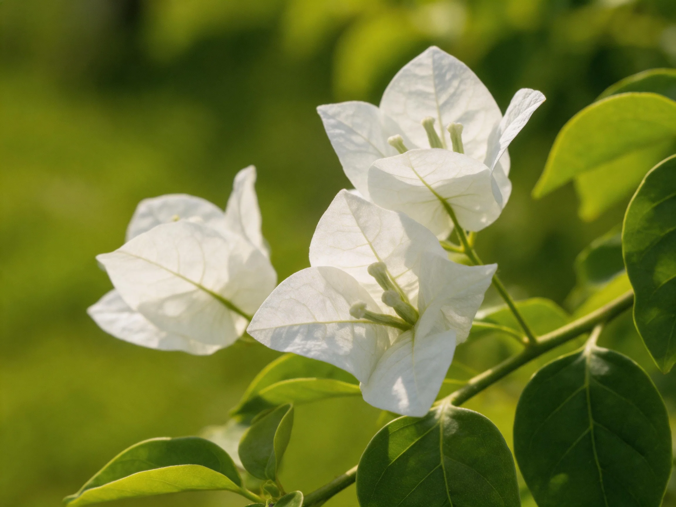 White bougainvillea blooms with vibrant green foliage