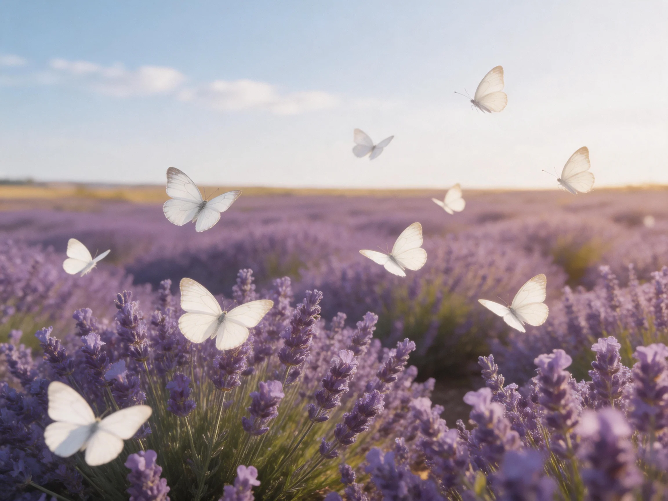 White butterflies fluttering over a vast purple lavender field
